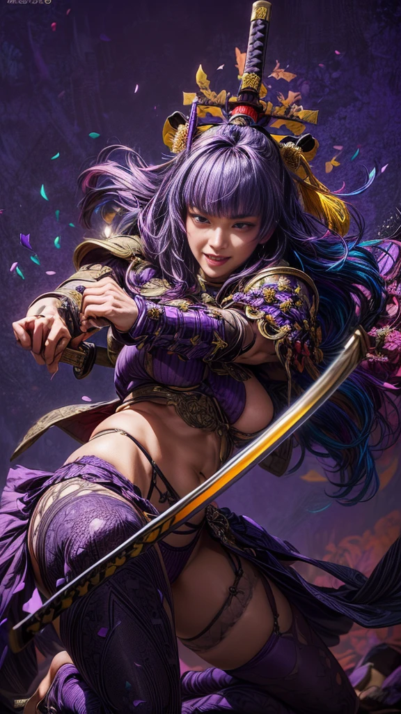 The majestic female general,slimfigure,Ripe and full,exciting huge boobs,Sexy long legs,no excess flesh,Wear purple gelcoat,A Japanese sword hangs from his waist,With a bow and arrow on his back,Wearing Japanese armor,The brilliance of motherhood almost overflows,Always with a kind expression。cabelos preto e longos,
