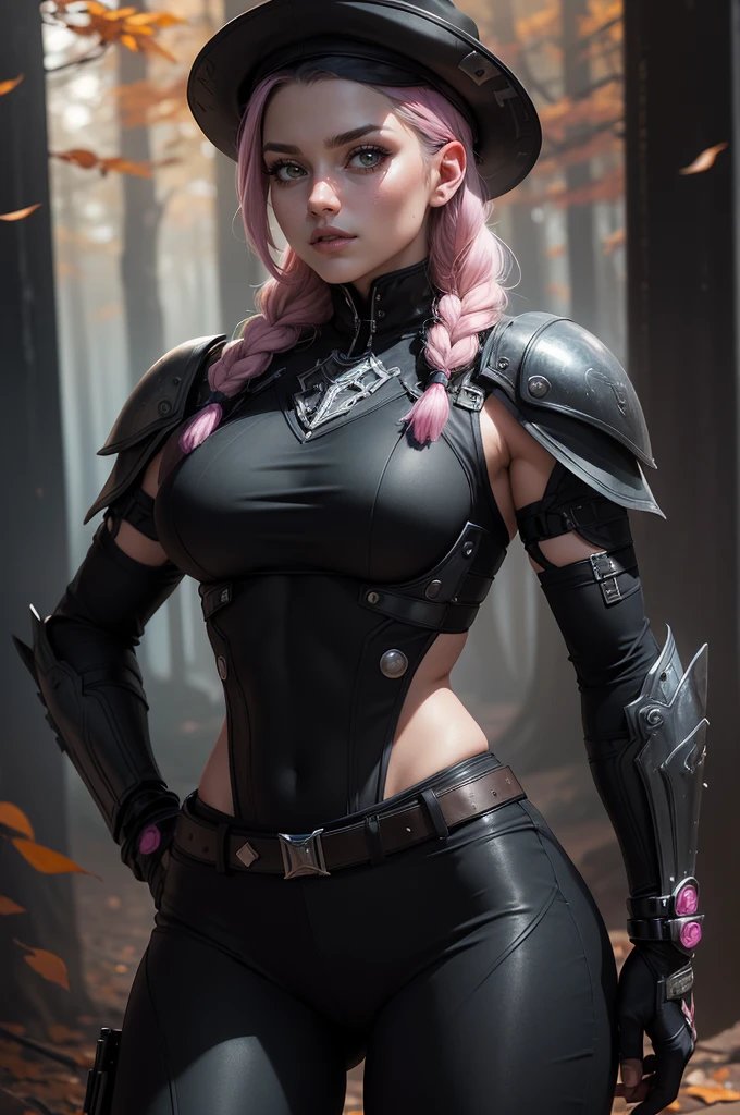 photo of celebrity, RAW, beautiful woman, ((portrait)), ((detailed face, colorful rainbow hair:1.2)), ((detailed facial feature, detailed skin, clear skin, parted lips), (perfect proportioned body, medium breasts, cleavage), (wearing revealing clothes, (wearing cropped open leather jacket, shoulder armor, cloth bralette, leather skirt, bracers, thigh high armored boots, spikes: 1.5)), (high detailed garden environment, pale skin, dark makeup: 1.5)), (high detailed pub, her front to us, frontview: 1.3), (realistic photo, best quality, detailed), (8k wallpaper), (cinematic lighting, dramatic lighting) (sharp focus, intricate)