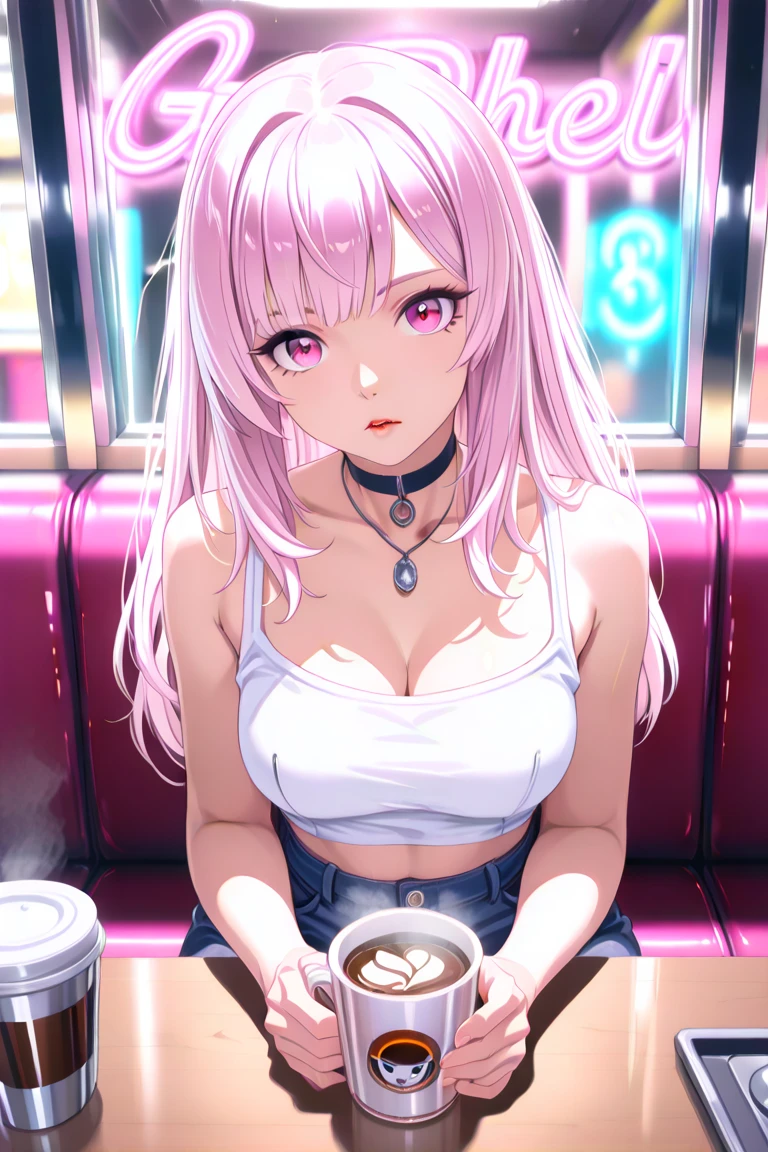 1girl, white hair, short twintails, extremely happy, cheerful, pink eyes, wearing plain black shirt, pink skirt, black leggings, city, absurdres, high res, ultrasharp, 8K, masterpiece, looking at viewer, no hat, holding orange glowsticks in hands, wet clothes, revealing underwear, medium breasts
