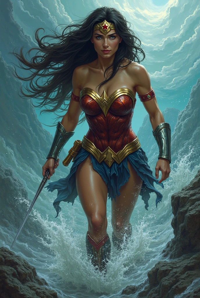 ((fantasy art)), action, heroism, grandeur, power, sensuality, stunning shadows, expertly detailed, epic, powerful and profound. DC Comics Wonder Woman is standing on top of a large rock, she is above us, we have a view from below, she is above the horizon line, Wonder Woman looks incredibly beautiful, slender, dynamic pose, pose action, Knees slightly bent, she is prepared for battle, she is holding a sword in her right hand and a shield in her left hand, her legs are slightly bent, dynamic pose, battle pose, she looks at the camera, her hair is very long and fluttering. Full body, full body. seen from below, she is on top of a large rock, a large wave crashes against the rock she is on, a wave crashes against the rock behind her making the water rise above her head, rising high, it is raining . hero comics style, Jim Lee, Ed Benes, Adam Hughes, Ivan Reis, Frank Cho style. ((best quality)), ((masterpiece)), (high resolution: 1.2), ((best quality)), ((masterpiece)), (high resolution: 1.2)