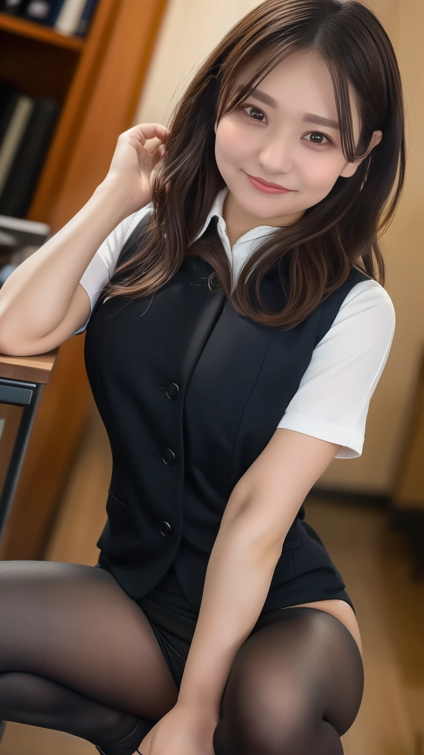 Sophisticated, masterpiece, beautiful details, colorful, fine details, delicate lips, intricate details, big breasts, 1 female, (a beautiful 20 year old cute Korean female: 1.1), (kpop idol, mixed Korean), ( 50mm Sigma f /1.4 ZEISS lens, F1.4, 1/800s, ISO 100, photograpy:1.1), (ponytail+black hair:1.2), (photorealistic:1.4), (spy:1.2), (open jacket, shirt, skirt, tie, black pantyhose, christian louboutin\(brand\),: 1.3), earrings, necklace, armband, (tavern, bar: 1.2), (beautiful legs, tall girl, skinny, slim_legs, thigh_gap, model :1.2), lens flare, viewed from the front, (happy smile: 1.1), dynamic pose, (makeup: 1.2), sitting on a bar stool,