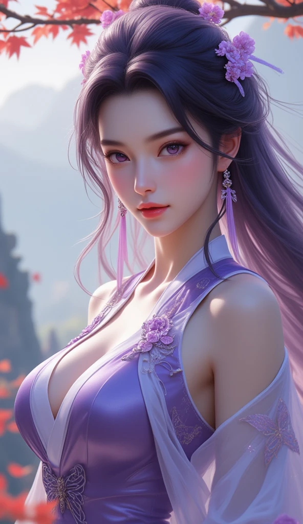 Superb Quality, Masterpiece, High Resolution, 1Girl, Blush, (Seductive Smile: 0.8), Star Pupil, Chinese Hanfu Lilac, Hair Accessories, Necklace, Jewelry, Beauty, on_body, Tyndall Effect, Realism, Lotus Pond, Light Edge, Two-tone Lighting, (High Detail Skin: 1.2), 8K UHD, DSLR, Soft Light, High Quality, Volume Lighting, Candid Photo, High Resolution, 4K, 8K, Background Bokeh