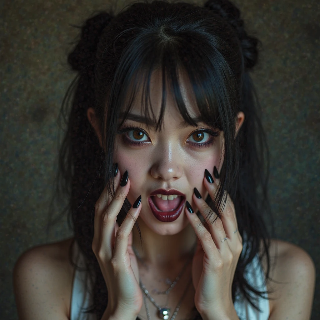 hyper realistic photography, Wide angle of view,1 Japanese woman,Full-body shooting, fully body,Long black hair,There are two faces attached to one body..,nighttime,Scary,frightful,In an abandoned school,The atmosphere is scary.