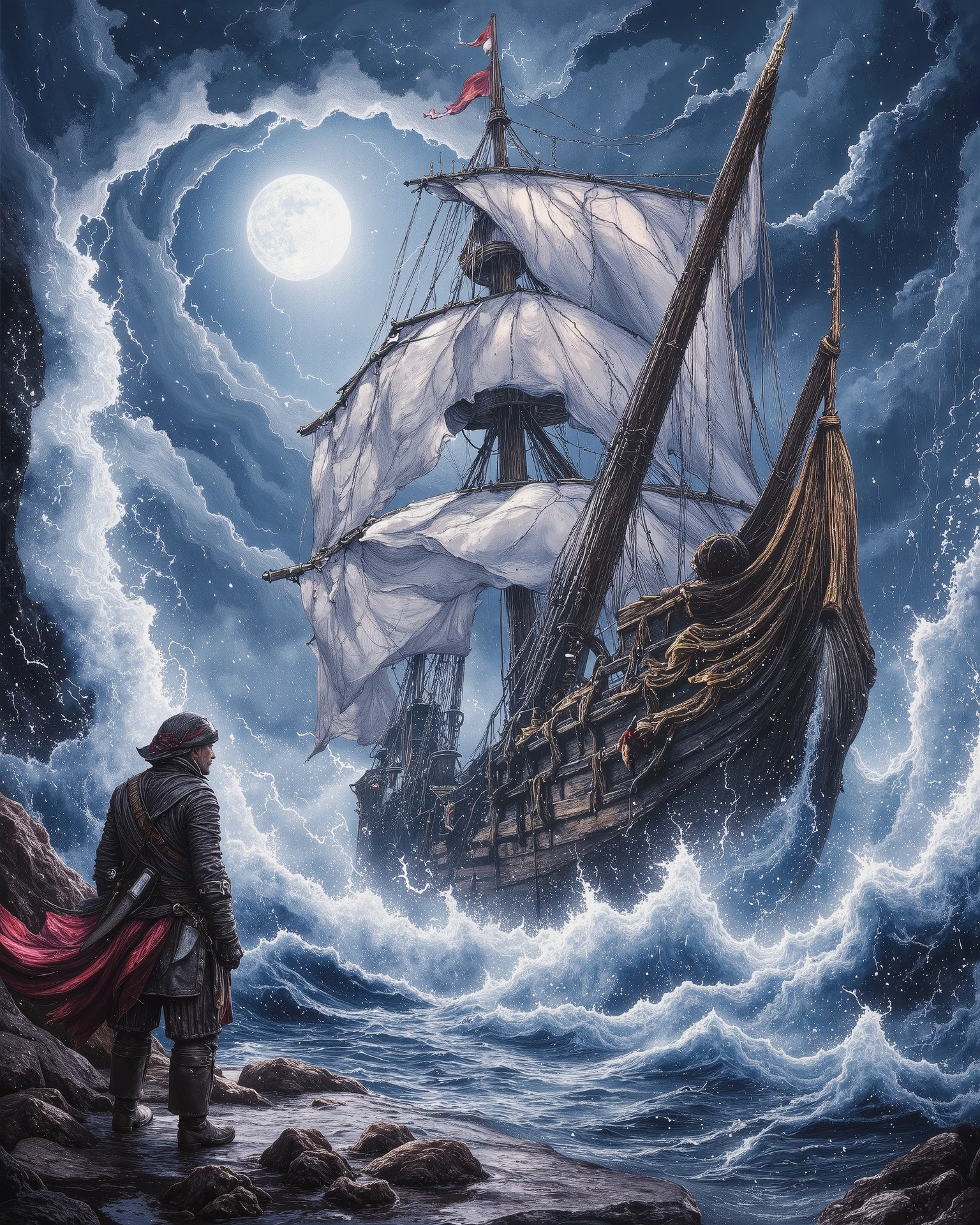 A lone pirate, clad in rugged leather armor with a tattered red sash, stands on a rocky shore, staring at a massive wooden pirate ship battling the raging sea. Towering waves crash against the ship as a violent storm rages, with lightning illuminating the dark, cloud-filled sky. The moon is barely visible through the swirling storm clouds. Strong winds whip through the pirate's coat, and heavy rain falls, creating a dramatic, cinematic atmosphere. The scene is highly detailed, with realistic textures and dynamic lighting, evoking a sense of adventure and danger."