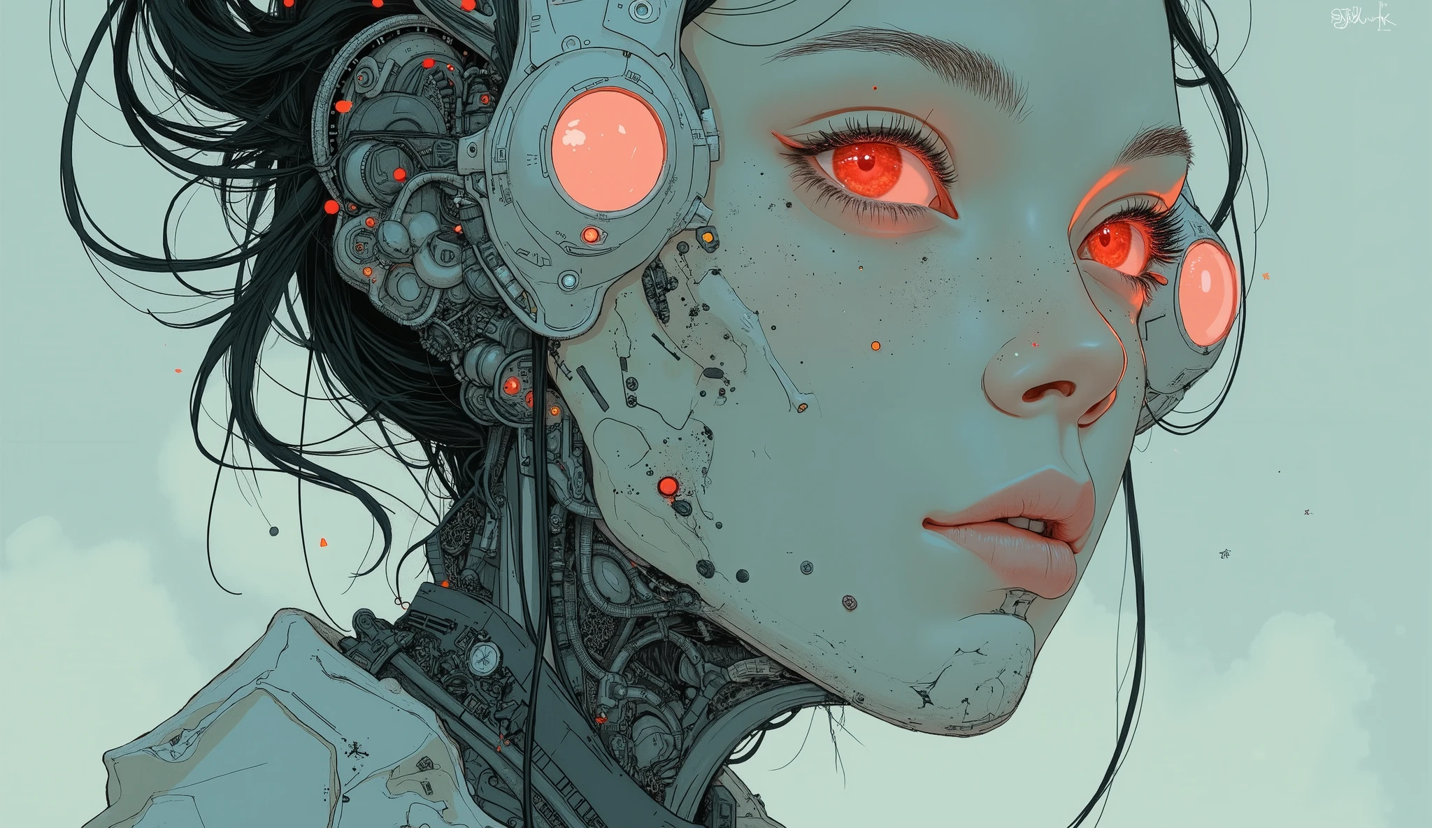 Enlarged view of a robot depicted on the cover of a magazine, Characters from the , Humanoid robot with abnormally long back of head、shaped like a drop of water、large red oval sensor crystal on the forehead、Head imitating a beautiful woman's face、Moevius style , in , Japanese sci-fi book art , Ghibli Mebius , Kastuhiro Otomo, Umetsu Kazuo Art , Goufu Evangelion , by Miyazaki, peaceful atmosphere