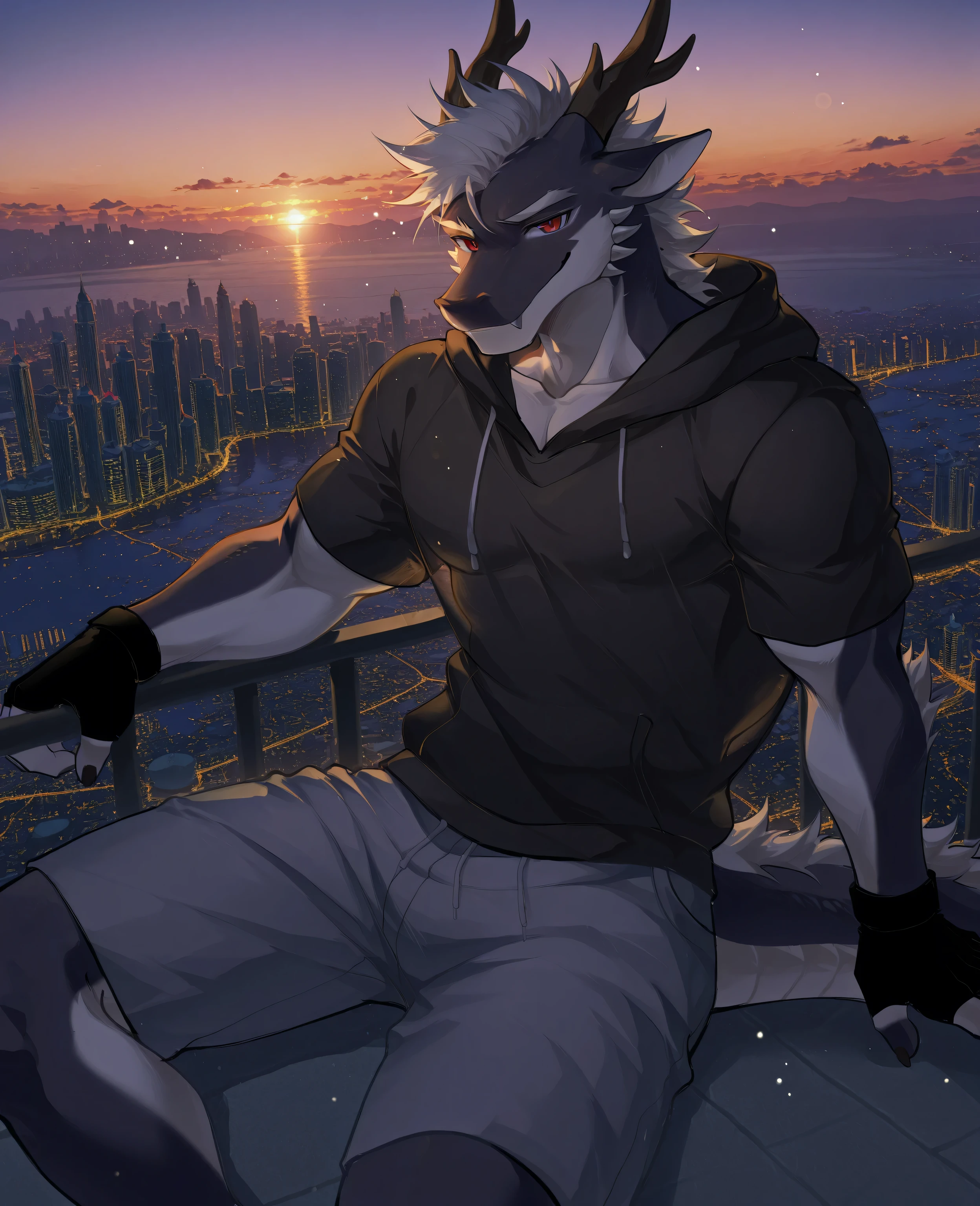 sfw,masterpiece,UHD,solo:1.2,highres,best quality,anatomically correct,furry male,male_focus,(eastern_dragon),collarbone,(white scales:1.5,two-tone body,),black dragon horn,antler:0.6,white hair,short hair,cocked eyebrow,snout,(detailed eyes,red eyes,detailed pupils,beautiful eyes),snout,animal ears,dragon ears,absurdres,shapely,handsome,dragon tail,cowboy_shot,(slender muscle:0.3),(transparent clothes,open black hoodie,short_sleeves,fingerless gloves,grey shorts,see-through_silhouette,),(5 fingers:1.1),(skinny:0.85),(peaceful face,seductive smile),cool pose,sitting on roof,leaning back,(in city,buildings,skyline,sunset glow,lake and park),ray tracing,shadow,looking_at_viewer,from_side:1.3,(dim light, shadow:1.2),bokeh,detailed background,Tyndall effect,(city scenery),((beautiful detailed background)),break,(wolftapioca:0.3,chung0u0,(by zwm:0.6),(lindong:0.8),(by null-ghost:0.8),huashijw,(asteroid_ill:0.8),(smile \(qd4nsvik\):0.9),konya karasue)),cg,highres,sfw