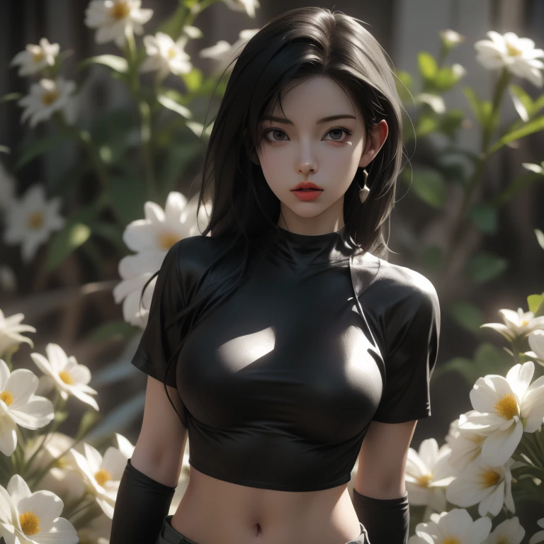 (city:1.5), high detailed, 8k, highres, (k/da all out kai'sa), league of legends, k/da \(league of legends\), 1girl, solo, cowboy shot, official alternate costume, black hair, multicolored hair, long hair, very long hair, ponytail, long ponytail, streaked hair, green hair, two-tone hair, purple eyes, lips, jewelry, earrings, makeup, bare shoulders, crop top, black crop top, collarbone, collar, shiny clothes, detached sleeves, breasts, medium breasts, crystals, gloves, elbow gloves, single fingerless glove, midriff, belt, pants, white pants, tight pants, high-waist pants, looking at viewer