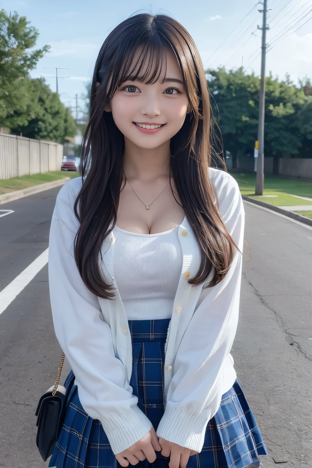 (8K、Raw photo、highest quality、masterpiece:1.2)、(realistic、Photoreal:1.37)、big breasts、Bust 100、young face、super detailed、Super high resolution、with thin face、1 girl、、see the beholder、big breasts、Fanning angle、big breasts、thin lips、grinning expression、big 、beautiful and detailed face、laughter、narrow、(slim waist) :1.3)、Beautiful and smooth skin、skin texture、floating hair、Pose that emphasizes the chest、Pose showing off your breasts、A seductive pose by lifting your breasts with your arms、professional lighting、human body as a whole、long hair、black haired、日本のhigh schoolの制服、high school生の女の子、(school uniform)、straight short hair、high school、smile, (hyper pretty face:1.5), Nogizaka46、AKB48、(plaid pleated skirt)、beautiful feet、Looking up at the subject from below