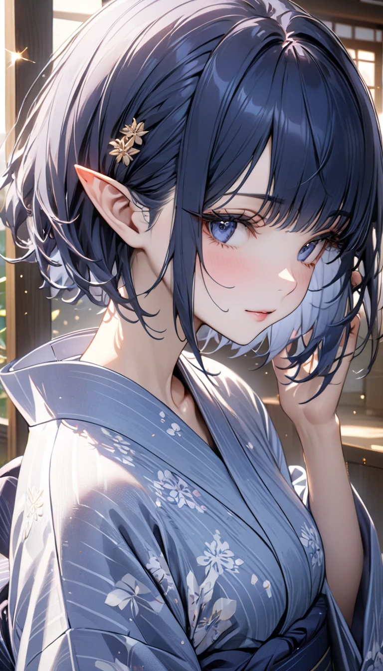 Dark blue hair, short hair, pinned bangs, Long Lashes, pointed ears, sparkle, best quality, high quality, high detail, Award-winning, ((Super Detail)), textured skin, ((masterpiece)), yukata, traditional Japanese attire, 少し開いたyukata, 薄い青色のyukata