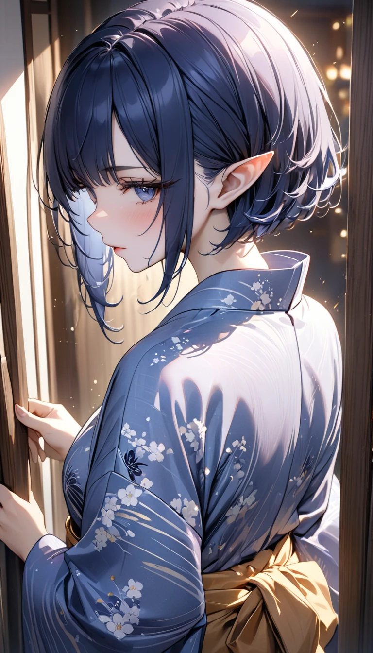 Dark blue hair, short hair, pinned bangs, Long Lashes, pointed ears, sparkle, best quality, high quality, high detail, Award-winning, ((Super Detail)), textured skin, ((masterpiece)), yukata, traditional Japanese attire, 少し開いたyukata, 薄い青色のyukata