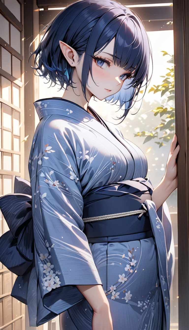 Dark blue hair, short hair, pinned bangs, Long Lashes, pointed ears, sparkle, best quality, high quality, high detail, Award-winning, ((Super Detail)), textured skin, ((masterpiece)), yukata, traditional Japanese attire, 少し開いたyukata, 薄い青色のyukata