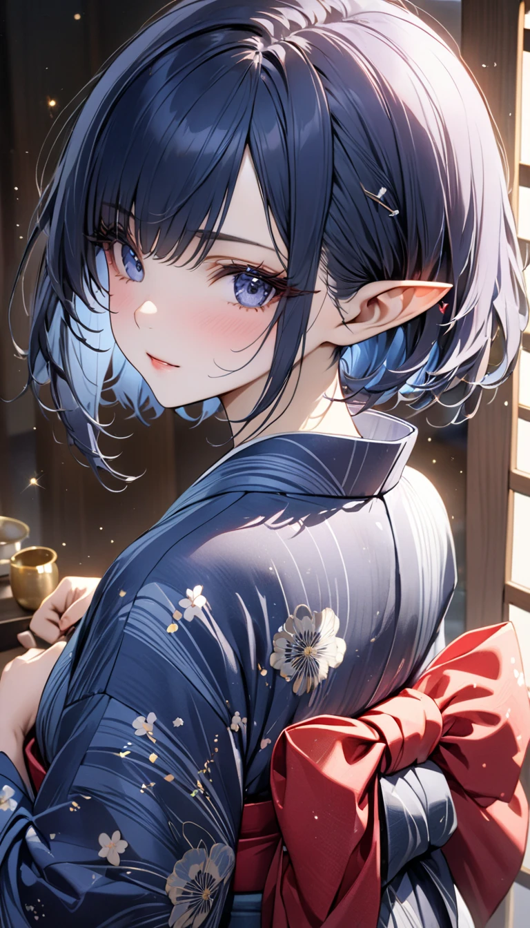 Dark blue hair, short hair, pinned bangs, Long Lashes, pointed ears, sparkle, best quality, high quality, high detail, Award-winning, ((Super Detail)), textured skin, ((masterpiece)), yukata, traditional Japanese attire, 少し開いたyukata, 薄い青色のyukata