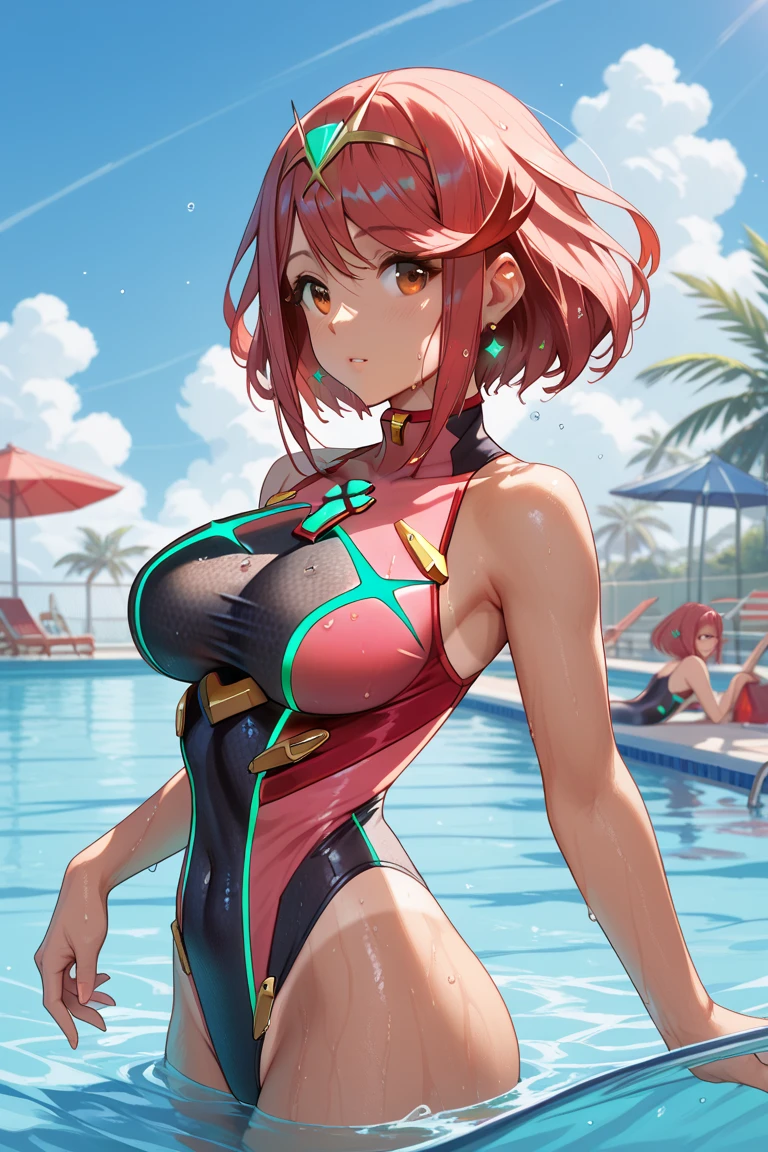 masterpiece, best quality, 1girl, solo, <lora:pyra-xb-richy-v1:1> pyraswim, tiara, earrings, chest jewel, one-piece swimsuit, wide hips, thick thighs, blush, arms behind head, armpits, parted lips