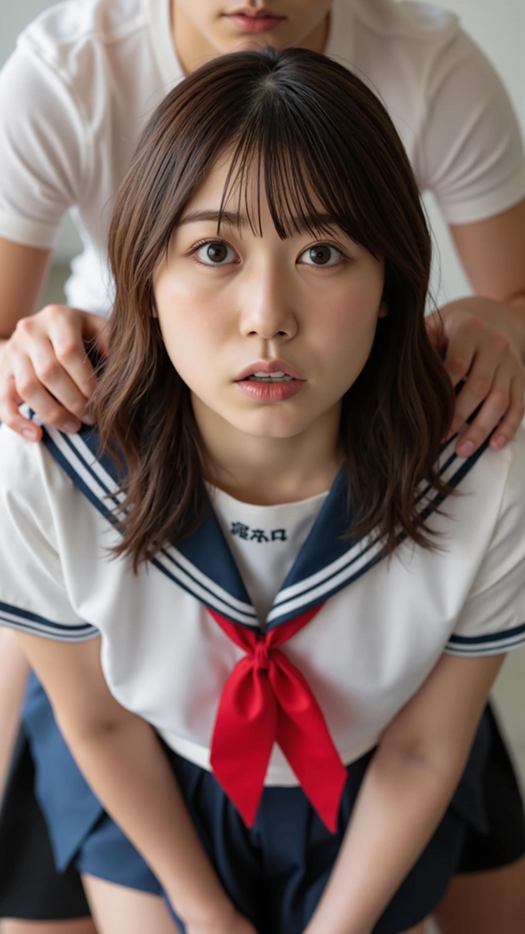 A high resolution photograph of a Japanese young woman, front view, a woman standing leaning forward, wearing a sailor suit as school uniform, red chest ribbon, the woman has a surprised face, a man behind her grabbing her hips, DFCPose, detailed hands, detailed fingers, anatomically correct proportion, indoors, masterpiece, best quality, 8k, professional lighting, sharp focus,  
