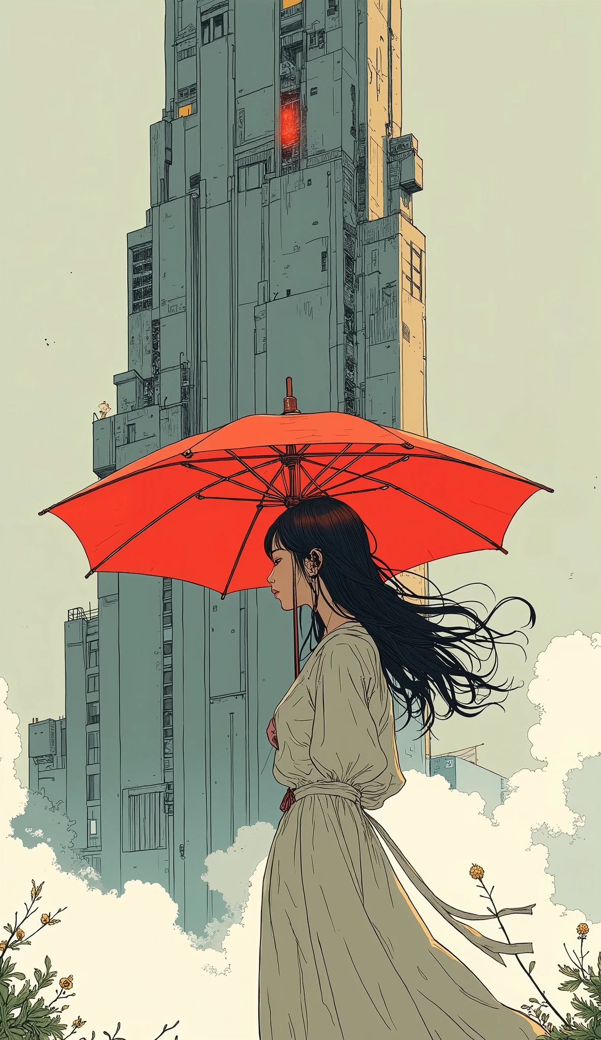 There is a woman standing in front of a building with a red umbrella, Tatsuro Kiuchi, Kilian Eng. Moebius, Inspired by Chris Ware , Emiliano Ponzi , Shintaro Kago, Moebiusの象徴的なスタイルin, Moebiusにインスパイアされた, in , MARKINO YOSHIO