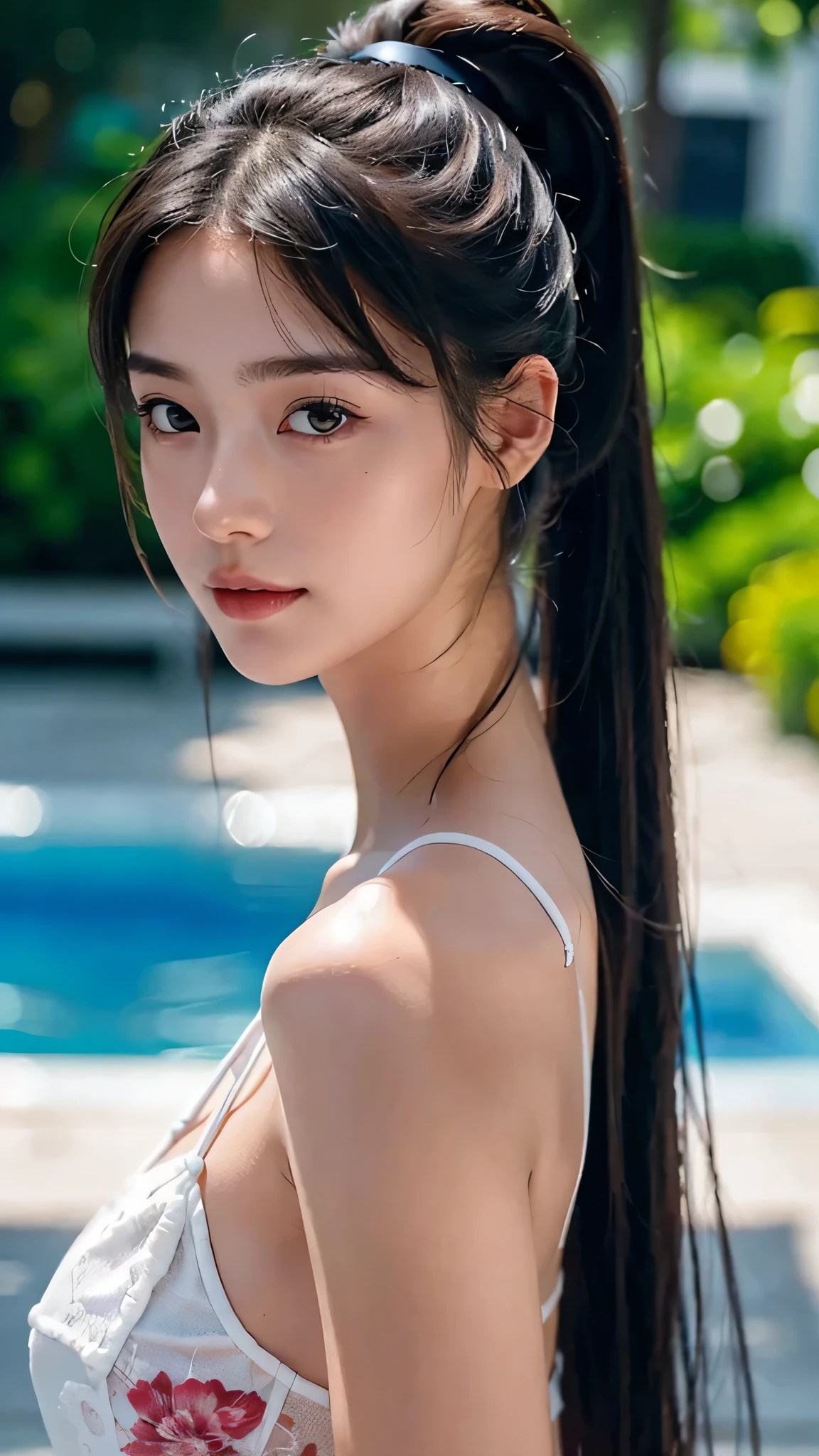 Pool at night,bikini swimwear,One woman,fully body photo,masutepiece, The highest image quality, High quality, the background is clear,Beautiful woman, Japanese, Detailed, Detailed eyes, Detailed skin, Beautiful skin, 超hight resolution, (reality: 1.4),Very beautiful woman, Slightly younger face, Beautiful skin, slender, (Ultra photo realsisim), (hight resolution), (8K), (Very detailed) (beautifully detailed eyes), (super detailed), (Detailed face), view the viewer, Fine details, Detailed face, Staring straight ahead, Staring straight ahead, photos realistic, Bright lighting, Professional Lighting, Black hair,poneyTail,a ,sixteen ye: ponytail,Long ponytail hairstyle,slight smile,