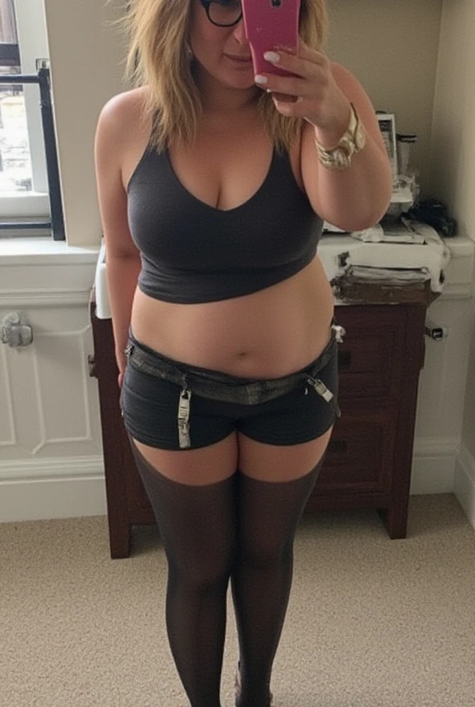 Fat woman, 40 years old white Caucasian woman, bathroom, selfie, long straight blonde hair, cleavage, fancy dressed, big hips, thick thighs, make-up, lipstick, shirt and pants, no bra underneath