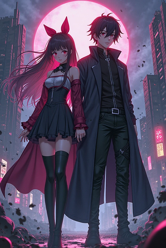 Anime characters in an urban setting with a demon and a devil., commission for high res, commission for, sfw version, (SFW) Insurance for work, jazza and rossdraws, pov art hairy, crimson theme, of a ramlethal valentine, danbooru and art station, commission, commission art, patreon content, fullbody commission for