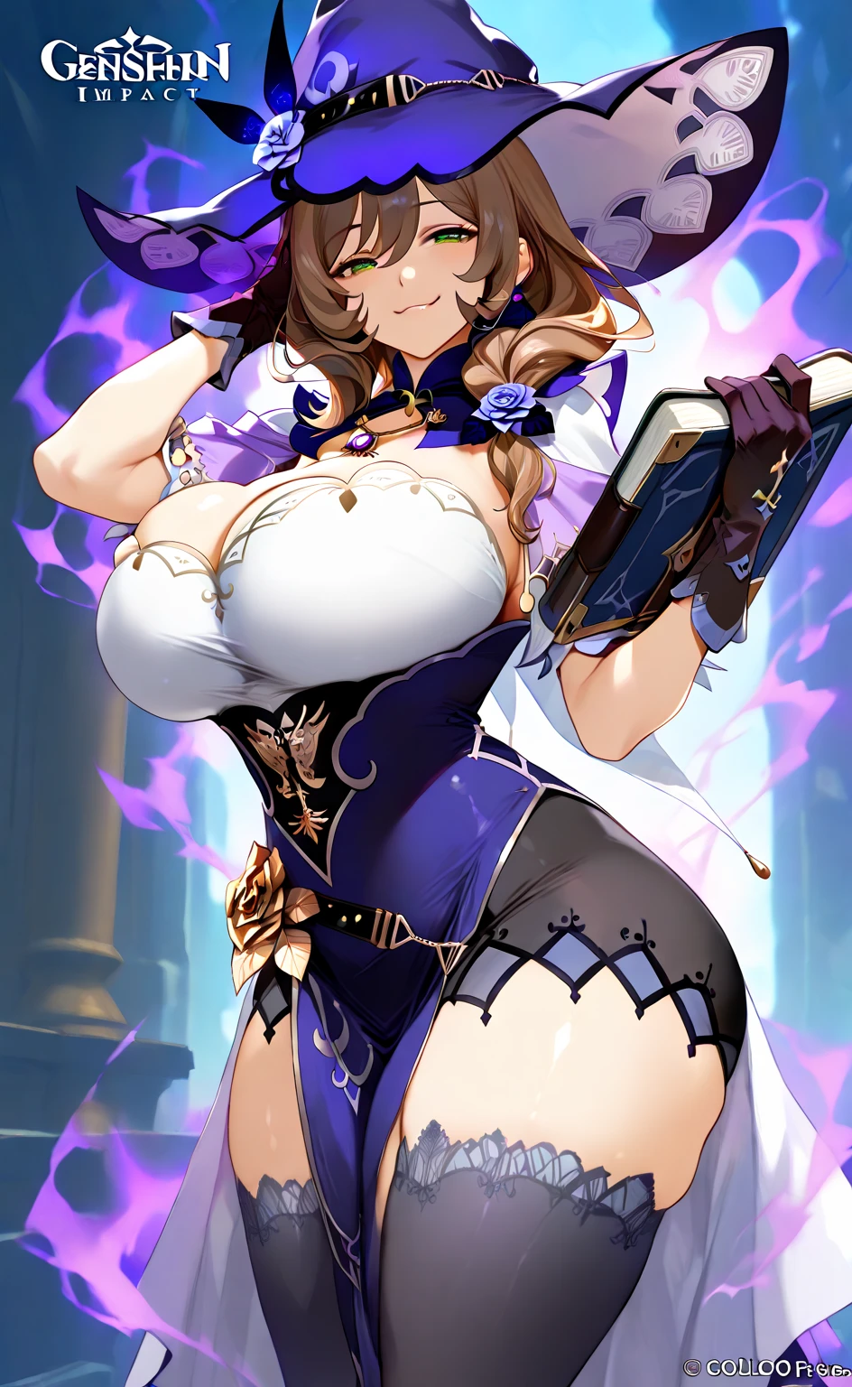 (masterpiece), best quality, expressive eyes, perfect face,lisa,genshin impact,(shiny purple magical girl dress:1.3),mature woman,big breasts,[[cleavage]],thighhigh heels,[[lightning orb]],blush,smile,fantasy library,bookshelfs background,fantasy lighting,sexy pose,action pose,full body shot,dynamic angle,(sparkle:0.9).(glitter:0.9)