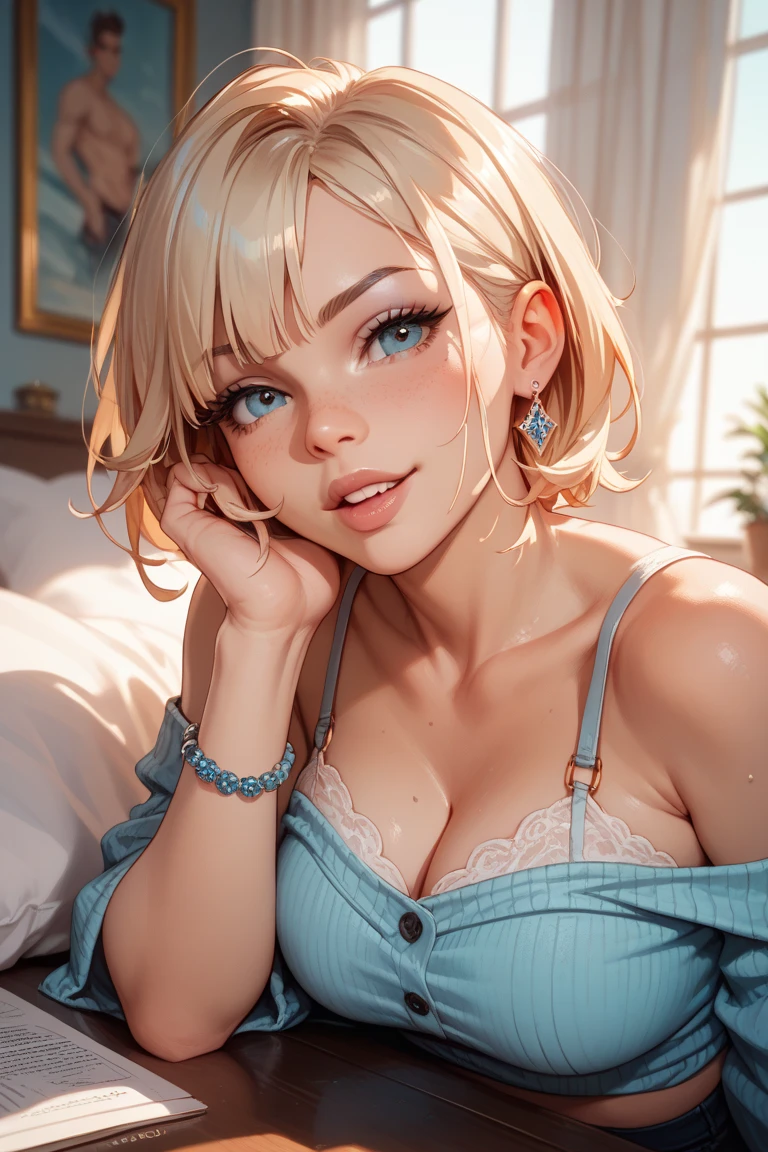 (masterpiece), (high quality), (8k resolution), (RAW photo), (best quality), (masterpiece:1.5), (realistic:1.5), ((photo realistic)), vibrant details, hyper realistic,1girl, (cute:1.2), beautiful, high-quality and detailed face, perfect face, rosy cheeks, detailed eyes, colorful eyes,(watery eyes), slim body, looking at viewer, closed mouth, real human skin, shiny skin, mid breasts, sitting, bed, loose lingerie, sexy pose, sexy, alluring, sexy posture, small hip, nsfw, (blonde hair, boho bob, short hair)