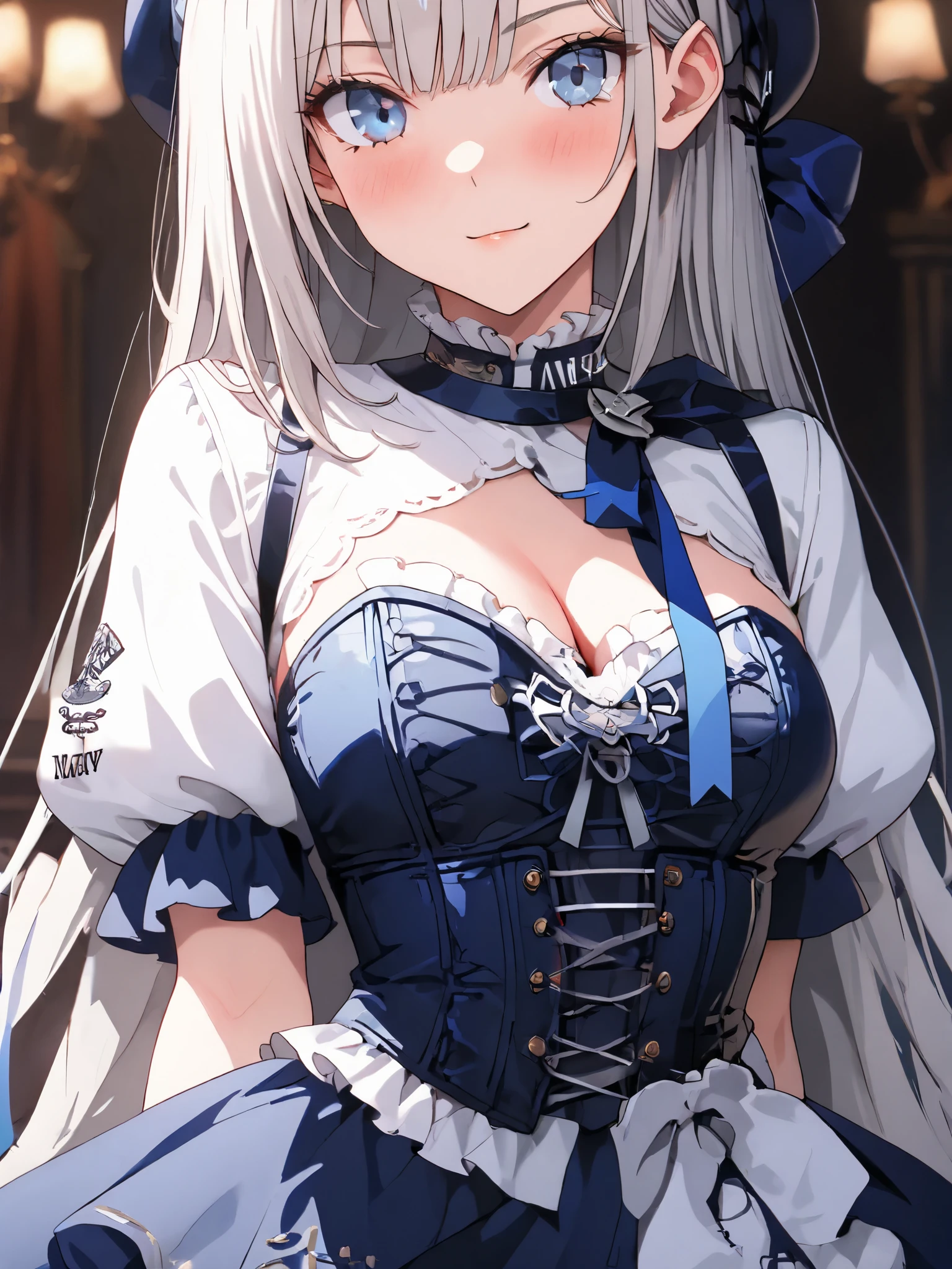 A young sexy girl, ( Solo Girl:1.2), Late Night, palace, Silver Hair, (Ultra High Definition:1.2) , (High Resolution:1.3), (navy and blue costume), wear a (navy bustier dress:1.2) over a white blouse, layering, separating bustier dress and blouse, navy bustier dress, bustier shaped bodice with lace-up, large navy ribbon on chest, unify navy coloring of bodice and skirt, navy waist and connected navy skirt, navy layered skirt with blue embroidery line, navy bodice, all navy skirt, voluminous ballgown skirt silhouette, (three tiers navy layered skirt-hem), (all white blouse), elizabeth color with white ruffles, fabric of blue blouse covers entire upper body, long puff sleeves, voluminous puff shoulder silhouette, wide bell sleeves, flared cuffs, blue beret with ribbon decoration, white ankle socks with ruffles, black platform boots with punk motif design, (NSFW:1.1), face close-up,