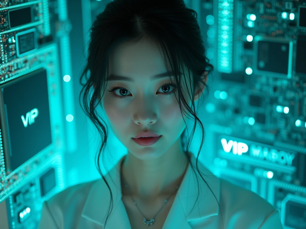 Top quality、masterpiece、Ultra-high resolution、(Photorealistic:1.4)、RAW photos、1 名girl、Light brown hair、Glowing skin、girl、((Ultra-realistic details))、porch、Global Illumination、shadow、Octan Rendering、8K、Super sharp、Small、Bare skin is exposed in the cleavage、Metal、Intricate decorative details、Gundam Areial Details、Extremely complex details、Real Lighting、CGSoation trends、Purple Eyes、Radiant eyes、Facing the camera、Neon light details、Mechanical limbs、Blood vessels connected to the tubular mechanical vertebrae in the back、Mechanical cervical fixator、Sit on it、Wires and cables to the head、Small型 LED 灯、LED、The background is the server room of the future、iridescent eyes、Human-machine integration