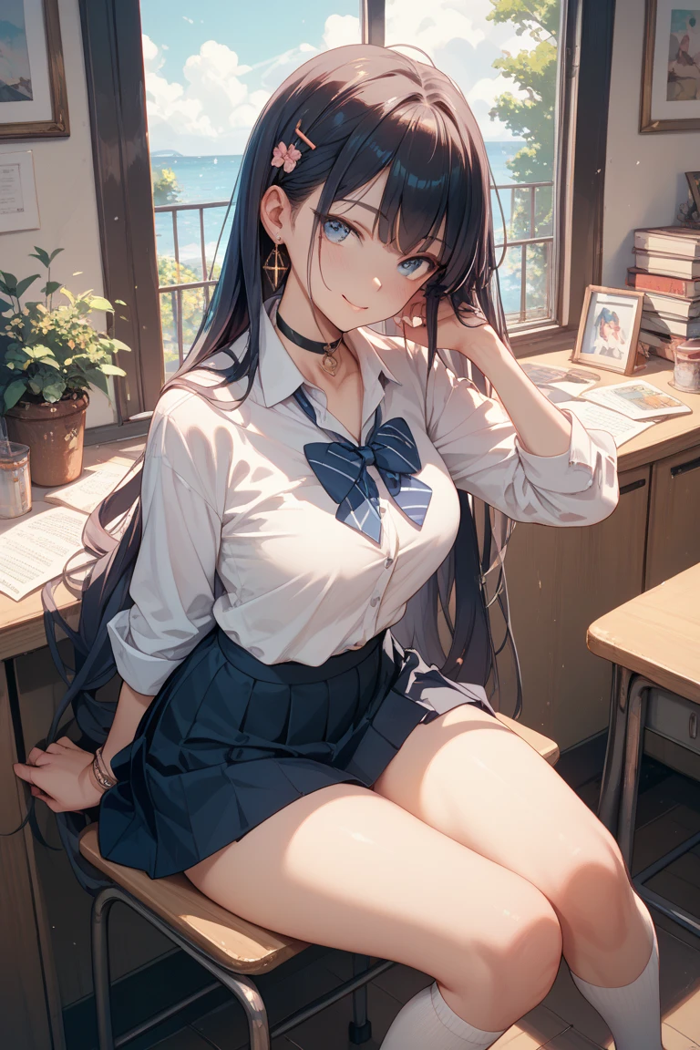 absurdres, RAW photo, extremely delicate and beautiful, masterpiece, Best Quality, ultra high resolution, 32k, hyperrealistic, ultra-detailed, perfect figure, in her 20s, very small head, very small face, delicate facial features, tearful mole, earring, huge breasts, legs, full body shot, medium hair, black hair, sweat, 3girls, school_uniform,