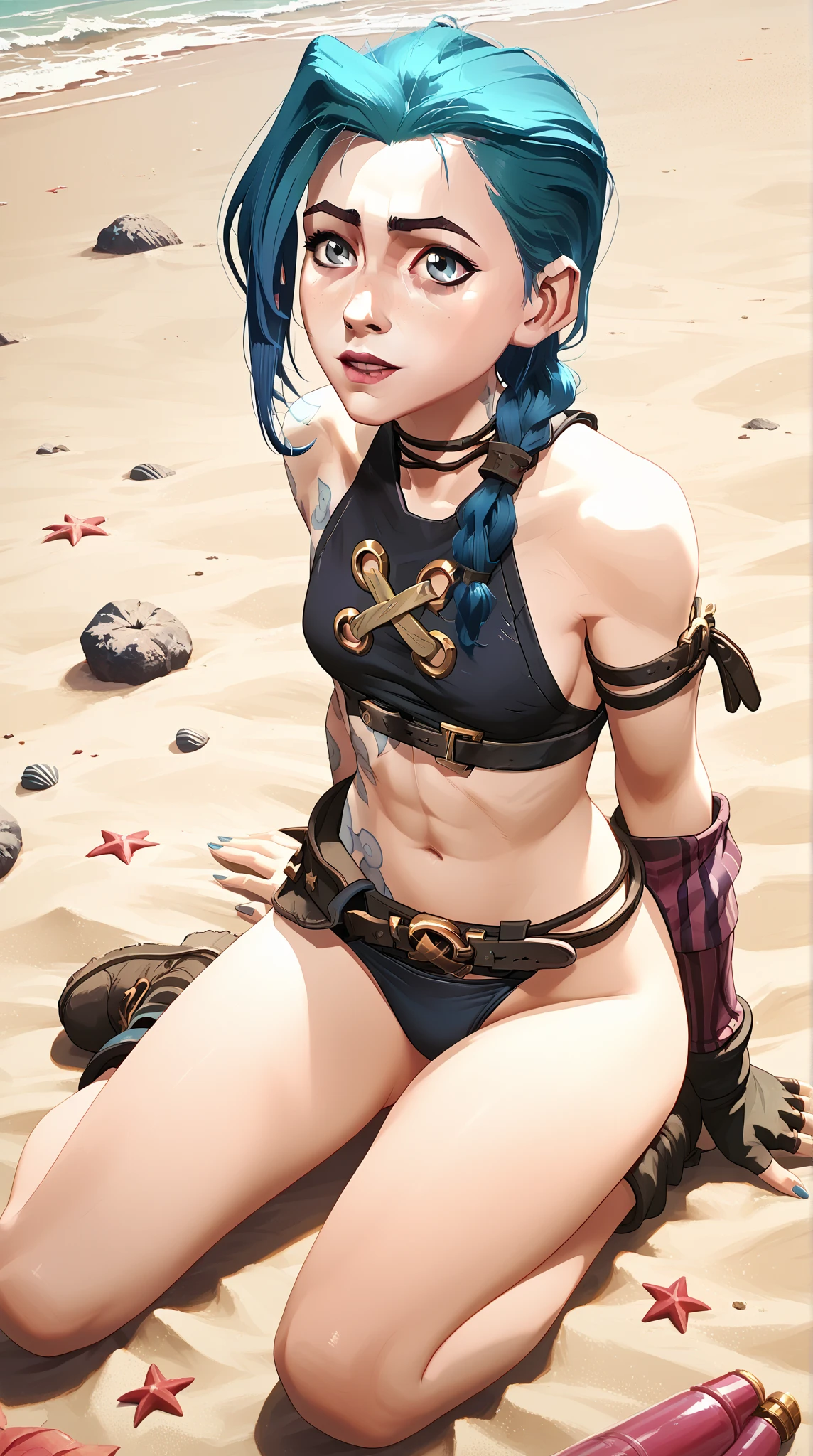masterpiece, best quality, <lora:arcane-jinx-v3.0:0.7>, j1nxl0l , sexy bikini, beach,