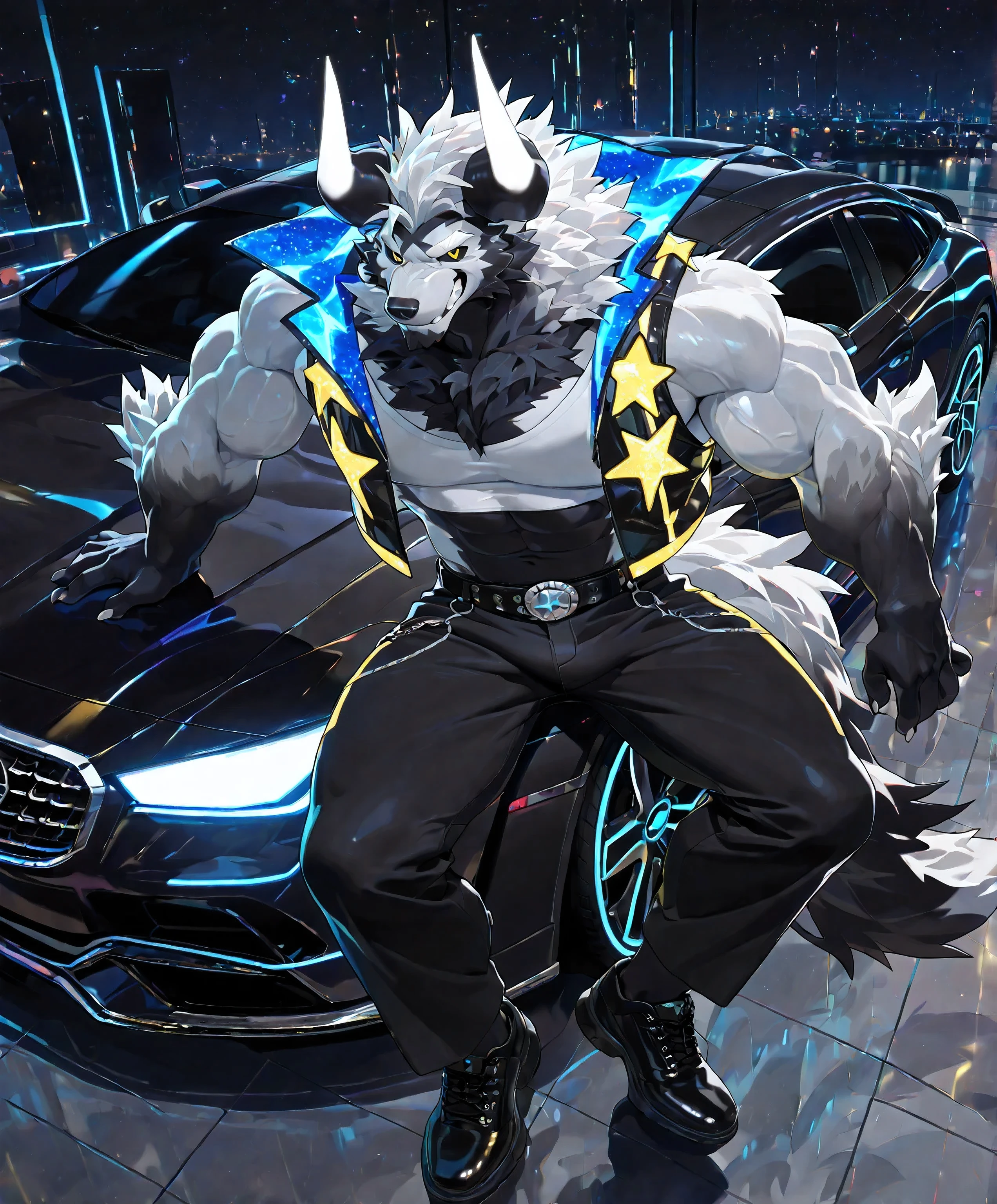 kemono, by null-ghost, by zixiong, furry, solo, werewolf anthro, sharp face, pink pupils, detail eyes, ((dark black glowing fur, white gray abdomen)), branching large horns, big horns, rugged fur, glowing fluorescent horns, smirk, big chest, broad shoulders, black sclera, muscle body, fluffy cheeks, long wolf tail, charming, handsome, (neon rockstar style vest over the crop top, black pants, black shoes, belt:1.5), handsome, looking up with contempt face, rockstar hand pose, sitting on roof of the Mercedes car inside lobby, fluorescent cool graffiti, (lobby filled with luxury Mercedes sports cars), glowing graffiti paints, fancy cars, chroma splash, detailed graffiti lobby background, highly detailed scales, mass, lobby view, shade, 8k high resolution, dark corner, low light, (top view, perfect leaning left shot:1.4), Light. Night. Fluorescent colors. Sky., scale, scalie, contrasting, BREAK score_9_up,score_8_up,score_7_up,score_6_up,score_5_up,score_4_up
