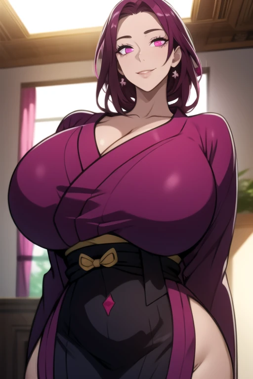masterpiece, best quality, absurdres, 8k, perfect shadows,perfect lighting,hdr, cowboy shot,shiny skin,skindentation, beautiful body, kafka, ((magenta hair: 1.4)), long hair, purple eyes, ((short kimono:1.1) , complex detailed background, inside, luxury palace) (gigantic breasts,hourglass body, thin waist,very slim waist)extremely detailed face,detailed eye makeup, detail face, nice detailed eyes,nice hands, perfect hands (realistic pupils,realistic iris:1) heavy eye makeup,,standing,standing at attention,(seductive smile), (gigantic breasts: 1.4), curvy, cleavage
