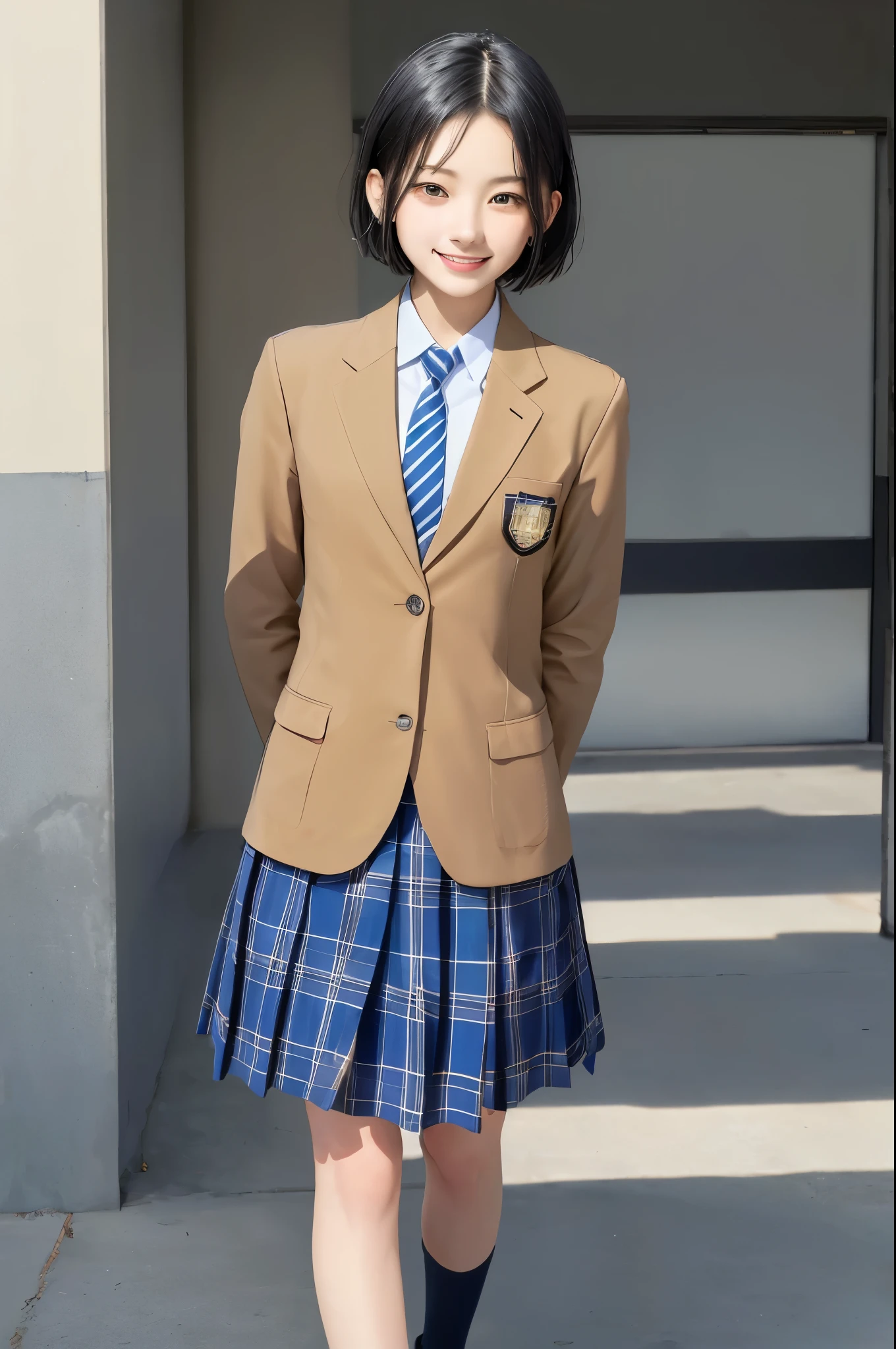 masterpiece, best quality, absurdres, perfect anatomy, 1girl, solo, high school student ,black hair, short hair ,school uniform, camel blazer,buttoned blazer, blue striped tie, blue checkered plaid skirt, thigh, walking , closed mouth,from front, glossy lips ,smile, full body