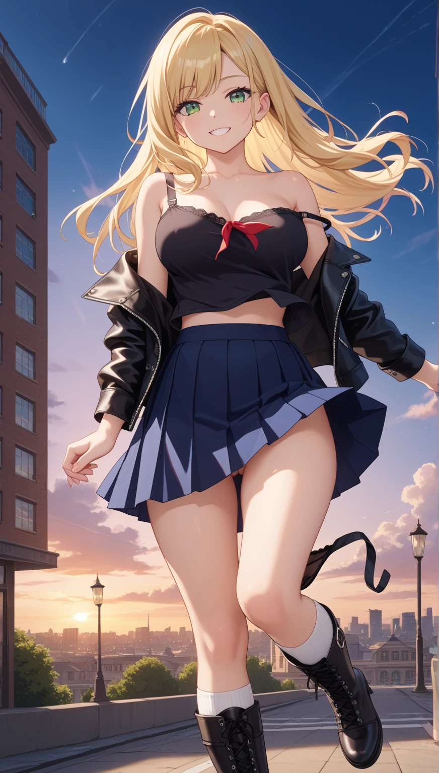Masterpiece, Best Quality, Official Art, (Highly Detailed CG Unity 8k wallpaper), Detailed background, (Hands by Guido Daniele: 1.1), Feet out of frame, First Person View, 1, Attractive and perfect beautiful woman, Schoolgirl, JK, Schoolgirl uniform, spring, cherry, wind blowing, (((Flipping skirt, panties visible))), ( Curvaceous), ( White thighs: 1.12), ( Blonde Long Hair: 1.12), (Ahoge: 1.13), (High Ponytail: 1.12), (Green Eyes: 1.13), Look at the Beholder, Big, (cleavage), Beautiful Face, (Blush: 1.11), (Smile: 1.11)