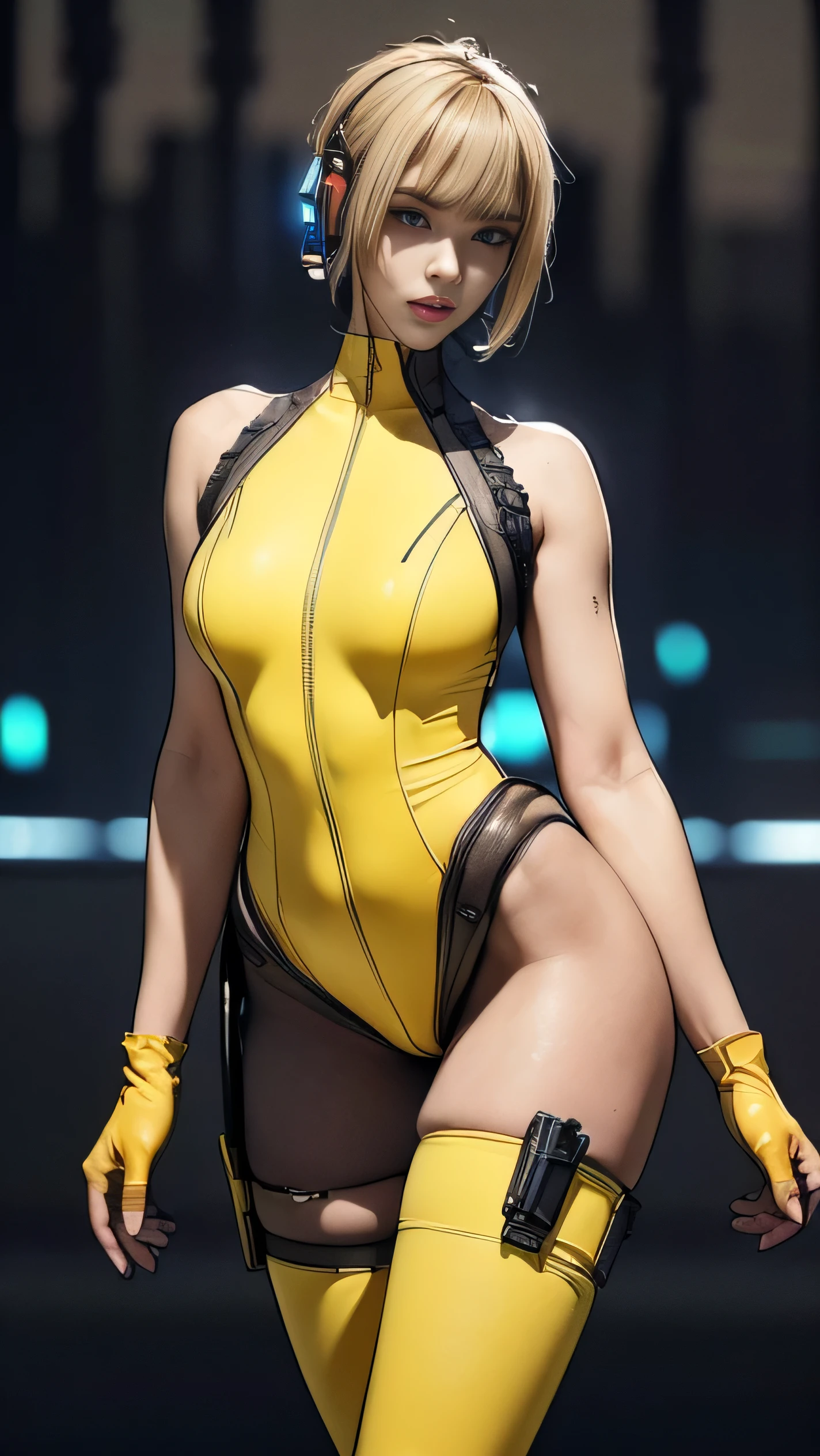 16k, UHD, Hyperrealistic, High detail, best quality, beautiful woman with blonde hair, very tight sheer black tights, short yellow dress with sheer ((horizontal)) black stripes exposing torso, yellow heels, wearing headphones, sexy, model