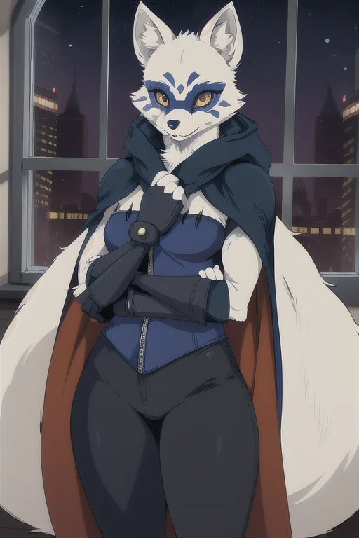 Alopex, arctic fox, tmnt, teenage mutant ninja turtles, blue mark face, orange eyes, girl1, solo, snow, city, black cloak, bandage, tail, black shorts