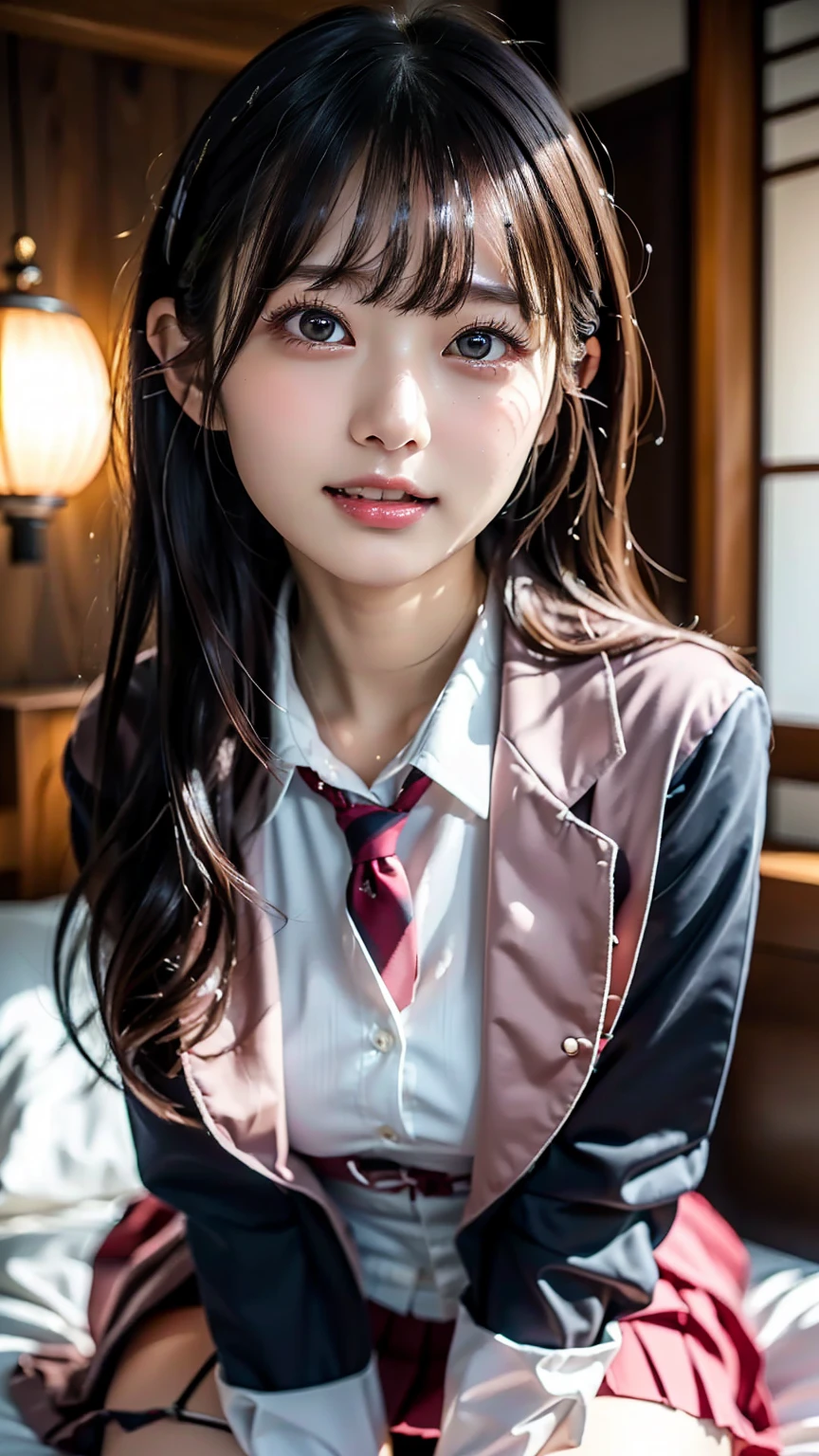 , masterpiece, best quality, 8k, 85mm portrait, absurdres, beautiful girl, (night, upper body:1.5), cute, street, (school uniform, white (the abdomen is visible:1.2) shirt, short sleeve, dark brownish grey pleated (mini skirt:1.2), dark grey tie:1.2), long hair, slender, neon, (Lianyungang, Akishima, Yeonggwang:0.4), no makeup, (dark red tie:1.2), perspective, depth of field, ultra realistic, highres, photography, sharp focus, HDR, facelight, dynamic lighting, highest detailed, extreme detailed, ultra detailed, finely detail, real skin, delicate facial features, shy smiling, ,
