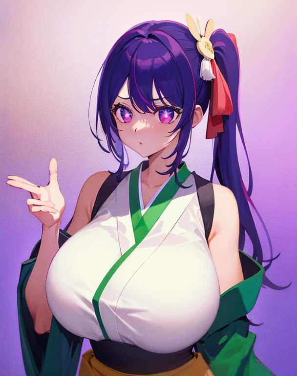 1 girl、alone , greenish black hair、ponytail、big cleavage、fox ears、red eyes、wear glasses、tall purple kimono、red color belt、light purple long hakama、Headphones around the neck、sexy、Charm、Wet、face turns red、far shot , full body