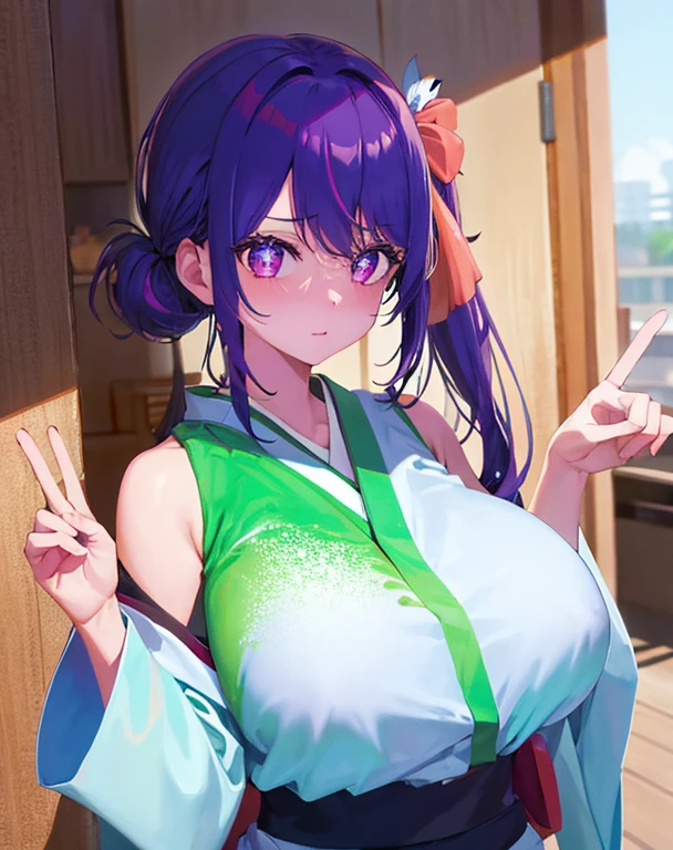 masterpiece, absurdres, vibrant, botan, solo, female, sky blue ponytial, pink eyes, oval face, blush, smile, medium breast:1.8, pink yukata , anatomically correct body, cowboy shot