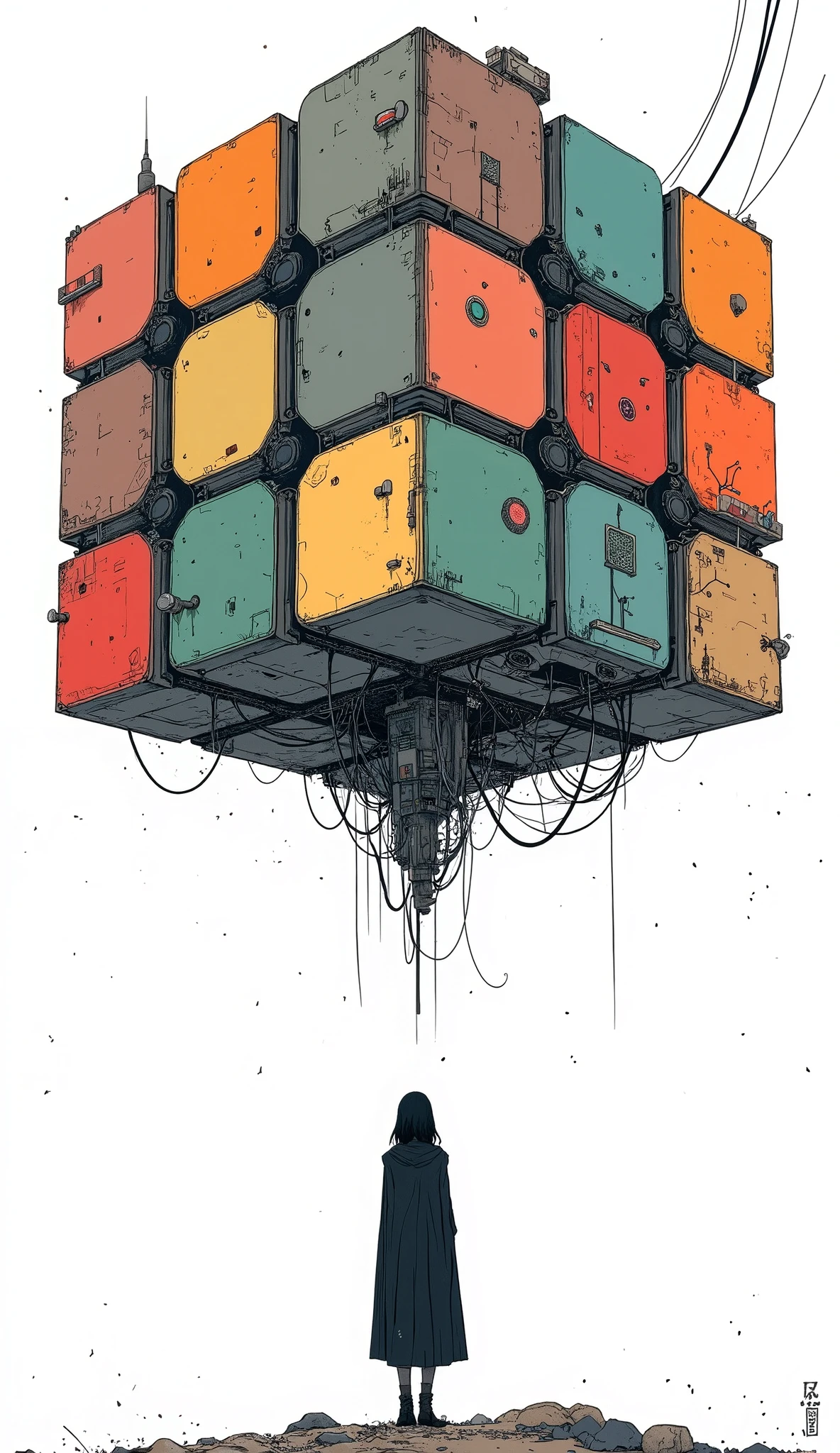Back view of a woman standing in front of a huge Rubik's Cube floating in the air, Otomo Katsuhiro, Kilian Eng. Moebius, Inspired by Chris Ware , Emiliano Ponzi , Shintaro Kago, Moebiusの象徴的なスタイルで, Moebiusにインスパイアされた, white background、