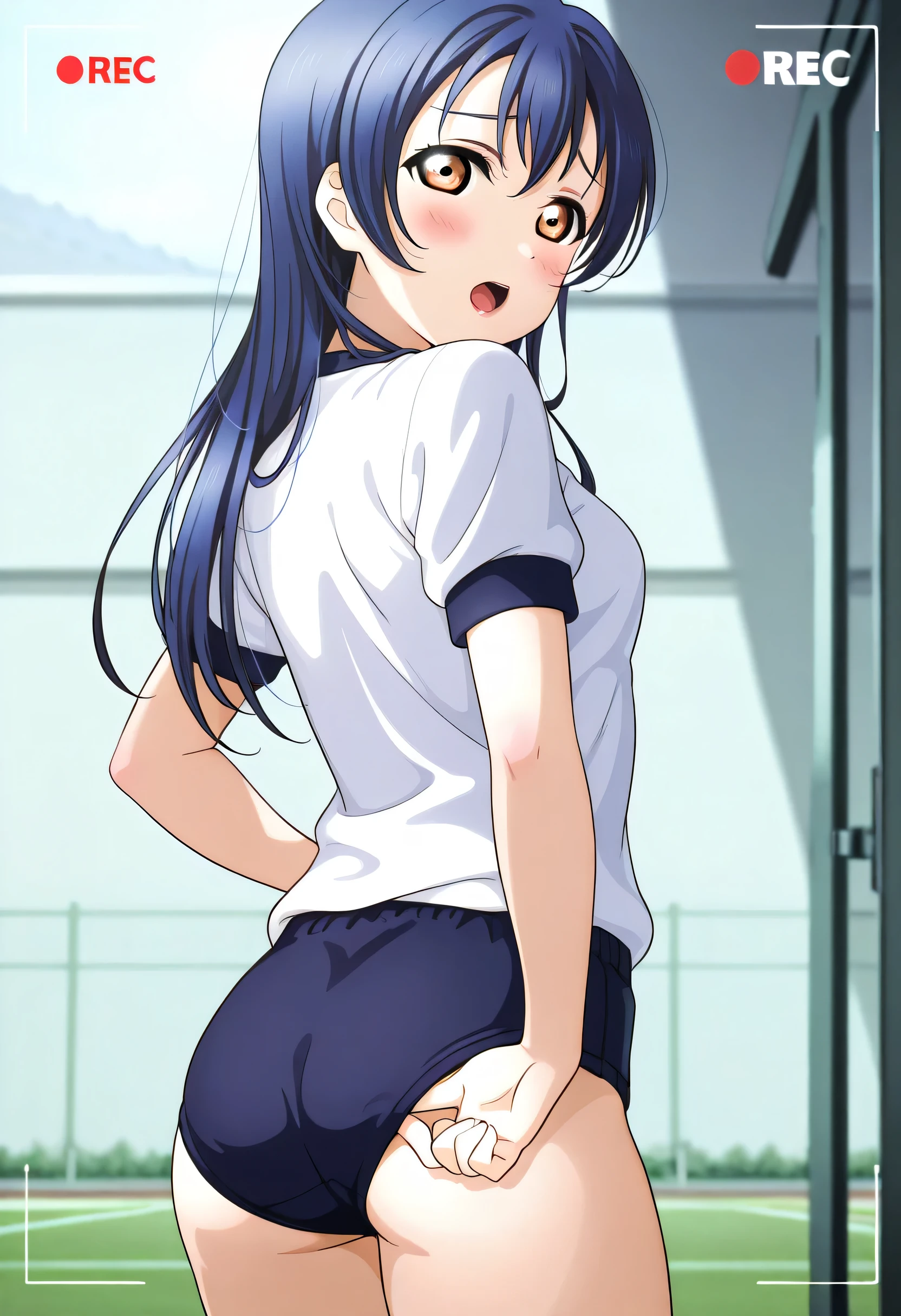 1girl, tsushima yoshiko, love live!, solo, from behind, sailor suit, dark blue collar, white shirts, short sleeve, dark blue skirt, black skirt, Blue Striped Panties, Skirts twisted by the wind, big ass, huge breasts, huge tits, huge , long hair, single hair bun, looking at viewer, shy, blush, masterpiece, best quality, very aesthetic, absurdres, anime, official art, nsfw,