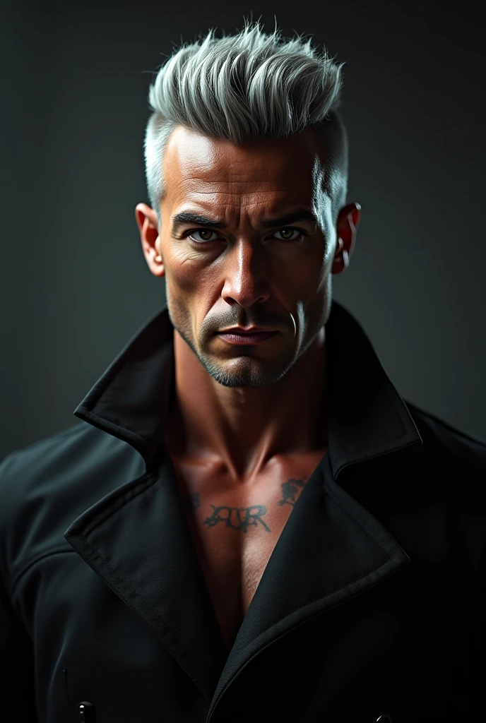 white haired man, muscular, Tall and serious face