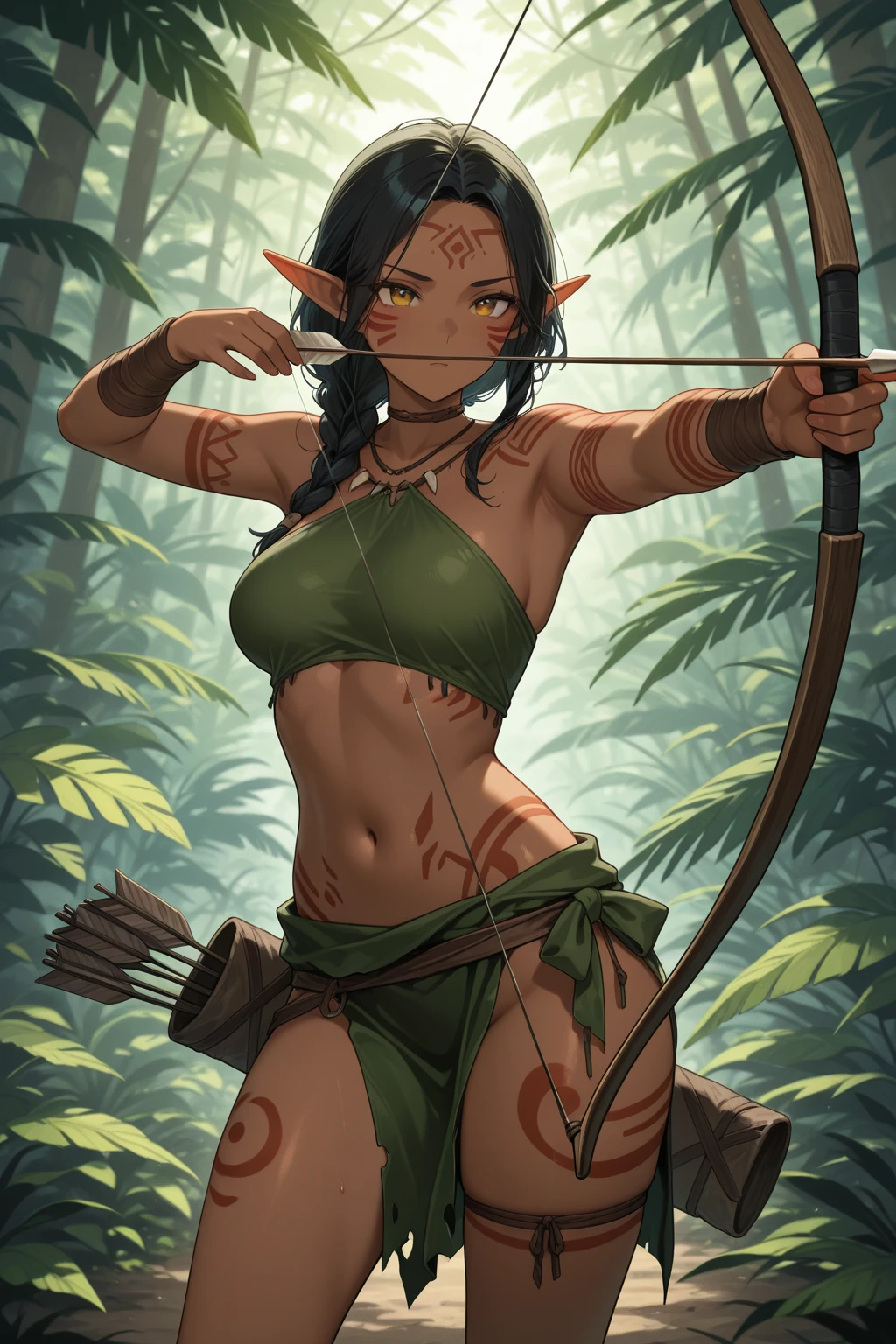 Mila Kunis (age 20) is playing an elf (naturalistic bow, crude natural arrows, fig leaf bikini), she is shooting at goblin shaped targets hanging from trees