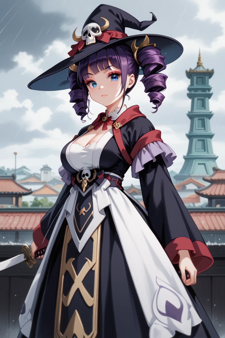 masterpiece, best quality:1.2), cowboy shot, solo, 1girl, chikujoin magane, sharp teeth, evil grin, looking at viewer, hand on hip, single braid, serafuku, pleated skirt, thighhighs, (gloves:1.1), huge breast, thicc, curvy, full body, long skirt, priestess, medieval village, full body, long skirt, europe, long dress, very long skirt, long dress, long robe, corsep