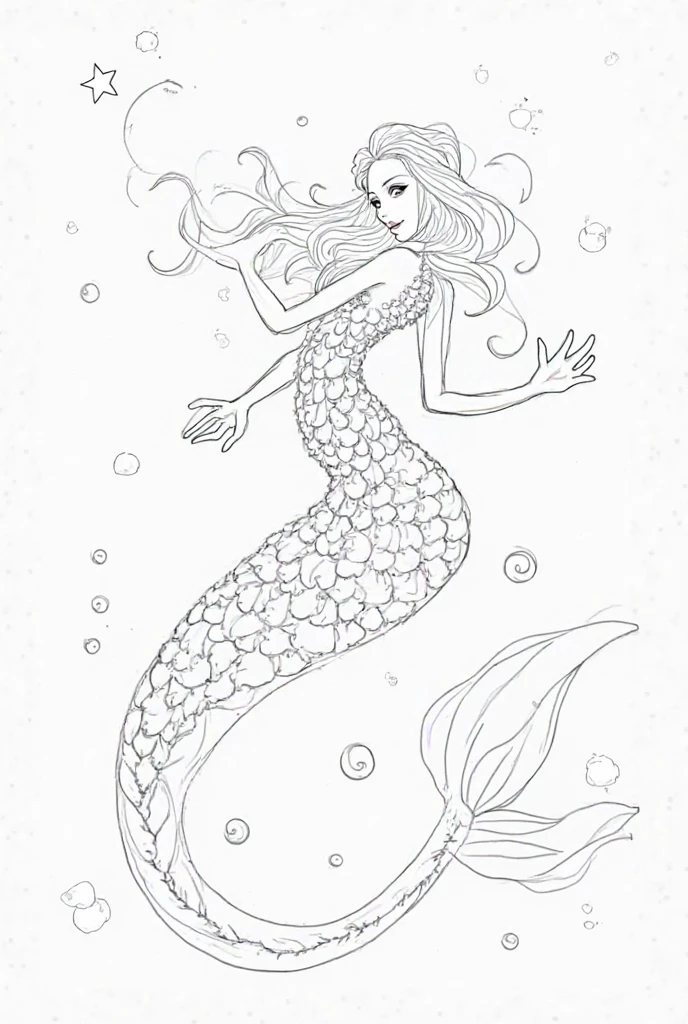((outline art, Coloring Page: 1.5) | (lineart: 1.3)), mermaid, full body, white background, playful expression, anime style