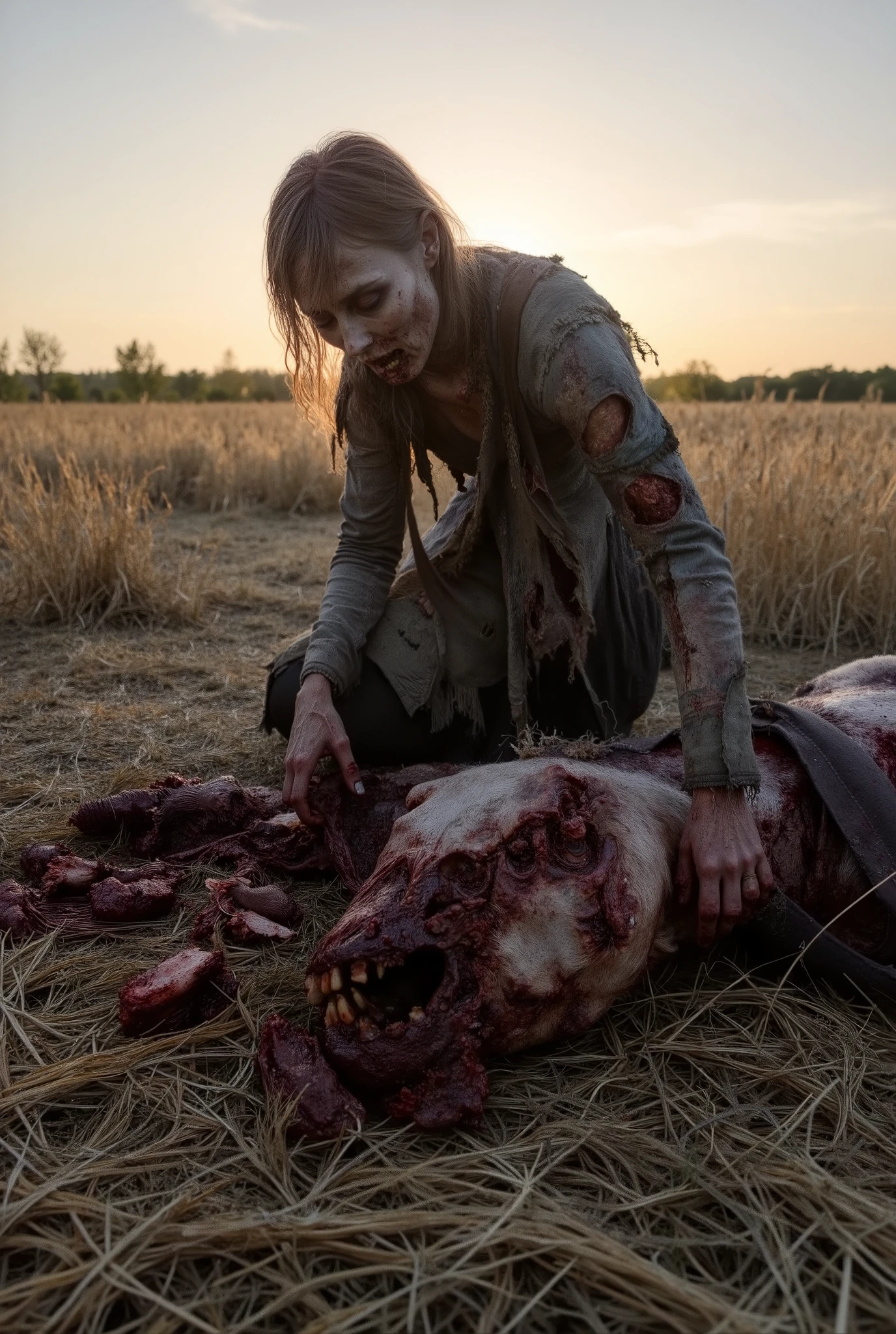 Zombie woman on her knees eating a dead horse, wearing torn leather, tearing off flesh, rotting flesh, open wounds, undead, blood and gore, bloody wounds, torn flesh, in a rye field, sunset