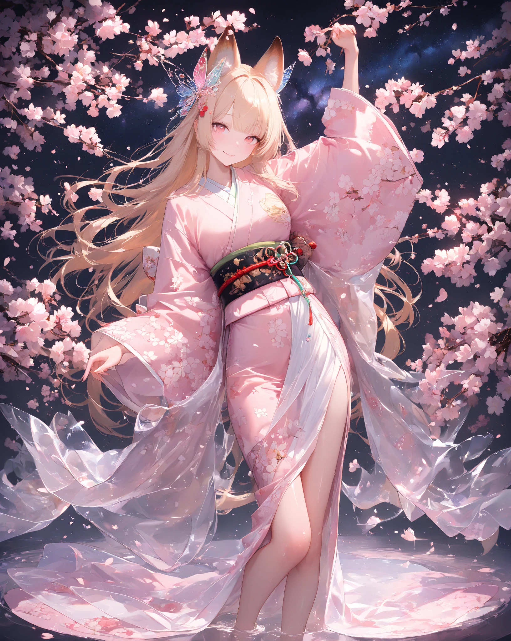 Style:
(masterpiece), (best quality), (ultra-detailed), (8k),(beautiful animated illustration with a sense of transparency),(Professional Illustrator)。
theme:
(dance Japanese dance gracefully),(An 18-year-old beauty wearing a kimono),( fox ears),(fox tail),(beautiful face with a profound smile),(listless expression),(golden hair),(long hair),(shiny hair), (Silky Hair Texture),(Natural hand pose),(Realistic hand anatomy),(Realistic hand texture),(delicate fingernails), (Clear finger joints ),(supple and curved proportions of weeping cherry blossoms at night), (Clear Skin)。
costume:
(light purple furuncles), (A kimono long enough to reach the light purple floor), (cute sandals), (Cherry Blossom Patterned Sack Belt), (Pastel Pink Obi), (Crimson Belt),(hair ornament with a moon motif), (hair ornament with sparkling stars), (Cherry blossom colored hair ornament), (glass hair ornament), (hair ornament that reflects light), (butterfly wing hair ornament), (hair ornament that flutters in the wind)。
background:
( Milky Way),(Jet black night sky ),(Cherry blossoms weeping at night ),(Weeping cherry blossoms in full bloom),(A large number of cherry blossom petals fluttering down in the wind),(The ground sprinkled with cherry blossoms)。