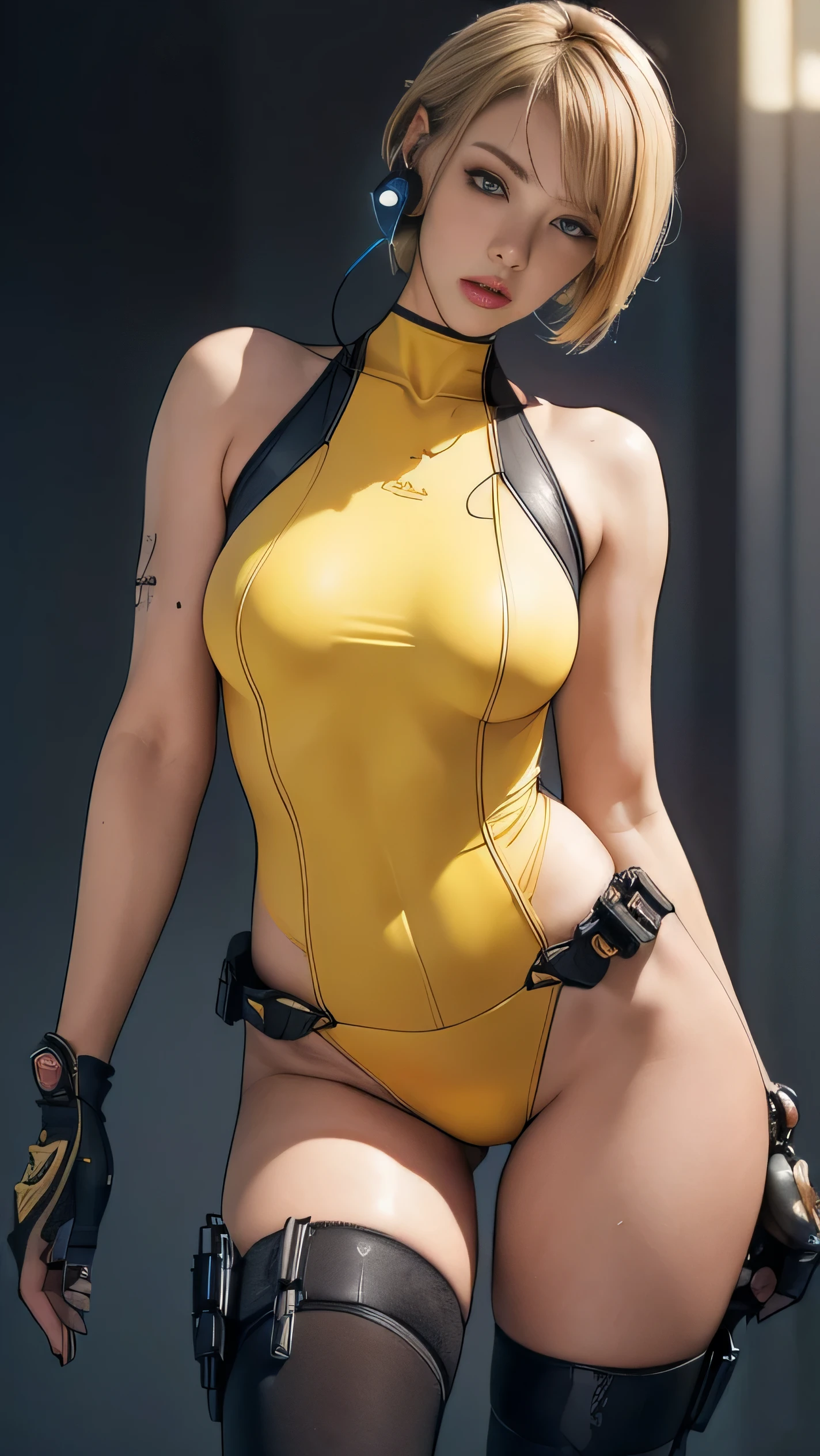 (A woman),(((A female special forces member stands))),((Yellow tactical High leg bodysuit:1.5)),((earphone:1.5)),((Tactical Holster:1.5)),(Gloves:1.5),(Serious:1.5),(Super short hair:1.5),(bionde:1.5),(beautiful eyes:1.3),(Very detailedな顔:1.5),((Very detailed drawing of a female hand:1.5)),((muscular:1.5)),(Sexy appearance:1.5),((Thick thighs:1.5)),(Beautiful Body:1.5),((Very sensual:1.5)),(The backdrop is a futuristic city:1.5),(Cyberpunk atmosphere:1.5),(((Blurred Background:1.5))),(Written border depth:1.5),rest(((masterpiece:1.5),(best quality:1.5),(Very detailed:1.5),(high resolution:1.5),(Practical:1.5),(Practical:1.5),(Delicate depiction),(Carefully drawn))),8k,wallpaper