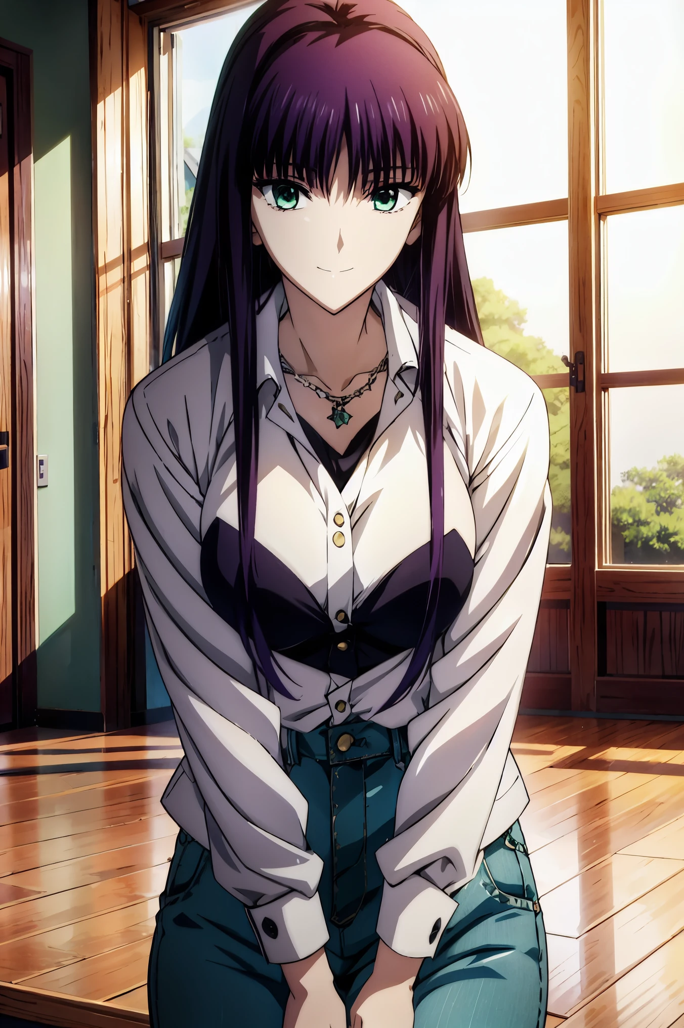 anime girl wearing black shirt and jeans ,  Shinkai Makifu  , 歩道にwith crotch opengreen eyesと白いシャツのアニメの女の子 , bewitching anime girl , anime visual of a young woman ,  Anime Best Girl  , anime girl with long hair and green eyes ,, bewitching anime girl , 超high definition , high quality , Connect ticker and 8k , high definition , very detailed CG , high quality shadows , Detail Beautiful Delicate Face ,  beautiful delicate eyes , break(Advanced 8K Wallpaper) , (Highly detailed CG 8k wallpaper) , Makima (CHAINSAW MAN) ,  skasaha ( destiny/ grand order required) , Reika Shimodaira ,  nothing  ,  Very delicate and beautiful CG illustration of wearing a coat and skirt , 最high quality , beautiful thighs , bigger breasts in bikinis、 Slim waist , (((masterpiece))) , (((best quality))) , 8k , 32K , masterpiece , beautiful alluring anime woman , Ultra Definition ,  ultra detailed  , high definition , のYu Zhiding , Masseter muscle area , best quality , high quality , high quality , high qualityテクスチャ , high qualityシャドウ , high detail , Finely Details ,  age girl , 1 personの少女 , high school student , Alone , I , Just One , alone , 1 person , Taki , atmosphere , Leg length , Beautiful long legs , 8 heads ,  statue :171cm ,  mature girl  , 赤purple hair , 赤purple hair , purple hair , Blackcurrant colored hair , Smooth Silky Hair , colorful hair , straight hair , smile , Cool Beauty , beautiful woman , pretty face , Beautiful realism , show off your seductive looks , Bewitching looks , quiet expression , beautiful hair , 首にnecklacesをしている , necklaces , ビーズnecklaces , Magatama Accessories ,  Smile ,  colorful eyes , green eyes ,  Jade Eyes , beautiful eyes ,  bright eyes , Delicat eyes , jewel-like eyes on black , Jade Eyes , droopy eyes , (green eyes:1 . 5) , seductive face , watching viewers closely , Model Photo , simple background ,  black hair , Long Lashes , lightsmile , 赤purple hair , Blackcurrant colored hair ,  hairpins , lightsmile , 魅惑的なsmile ,  Jade Eyes , eyes are twinkling , droopy eyes , Raai , anime style , ハイパーrealism , realism , anime , 8k , Super Detail ,  accurate , best quality , 16k , 解剖学的に accurate ,  accurate , 超high definition , 16k , high definition , best quality , hoodie , Casual clothes , (( black low rise skinny long jeans)) , hooded sweatshirt , ((trainer)) , stroll , Building Street , sunlight , blue sky , stroll ,  bustling streets  , with crotch open ,  TAKE OUT  , outside , Blue Jeans ,繁華街にwith crotch open,屋outside