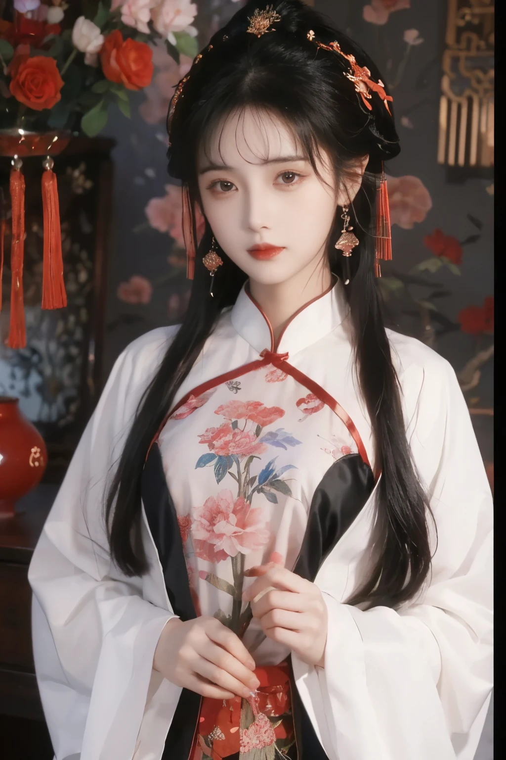 ( masterpiece, Top Quality, best quality, official art, beautiful and aesthetic:1.2), (1 Girl:1.3), flat chest, extremely detailed,(Fractal Art:1.1),(colorful:1.1)(Flowers:1.3),Highest Detail,(dynamic pose), (background:1.3), (traditional Chinese costume:1.2), (shiny skin), ( many colors :1.4), ,(earrings:1.1),