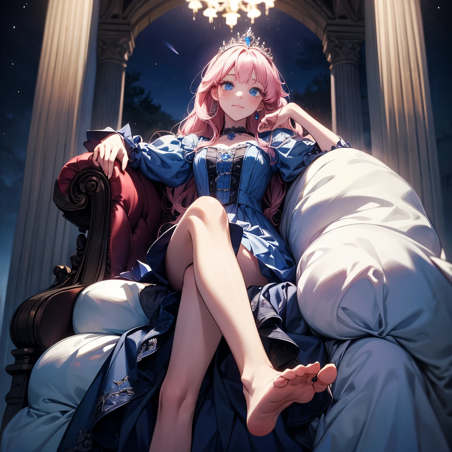 Closeup of happy anime girl in a purple dress sitting on a throne with her legs apart modeling her white panties and big surrounded by gold