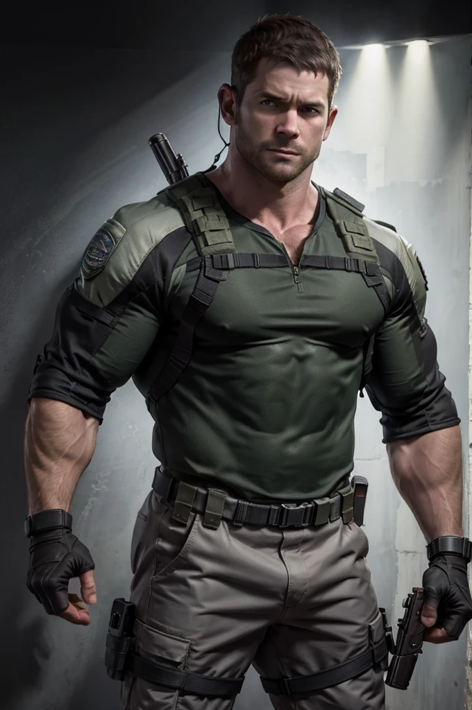 1 person, alone, 35 years old, chris redfield, Wearing a green T-shirt, serious face, looking at camera, Shoulders white，bsaa logo on shoulder, military tactical uniform, equipment, (2 hands holding a pistol), tall and strong, biceps, abdominal muscles, Chest, best quality, masterpiece, High resolution:1.2, upper body shot, Dark dark corridor，No background